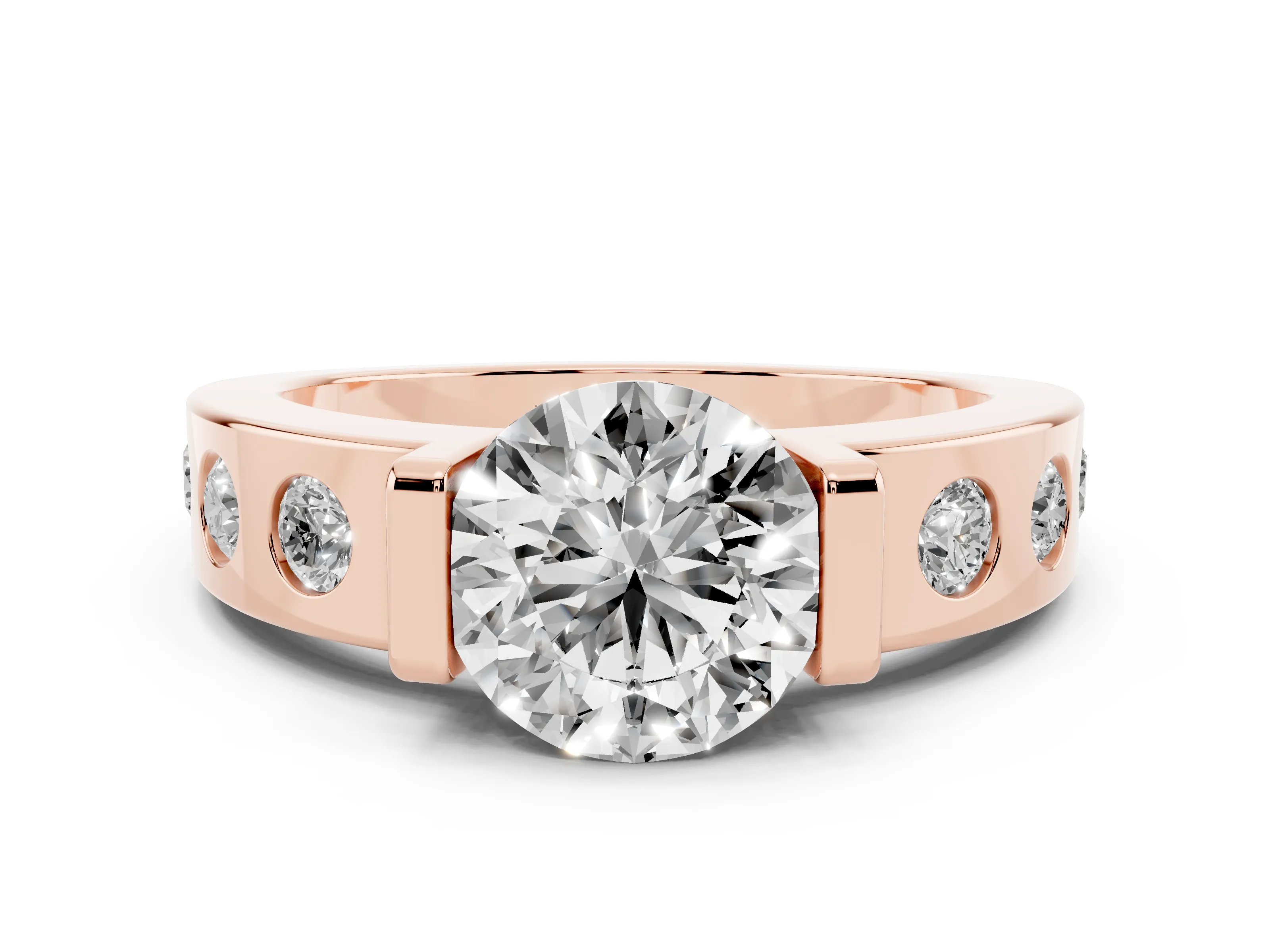 Round Cut Diamond Channel-Set Band Ring Set in Rose gold with Bezel Prong Setting