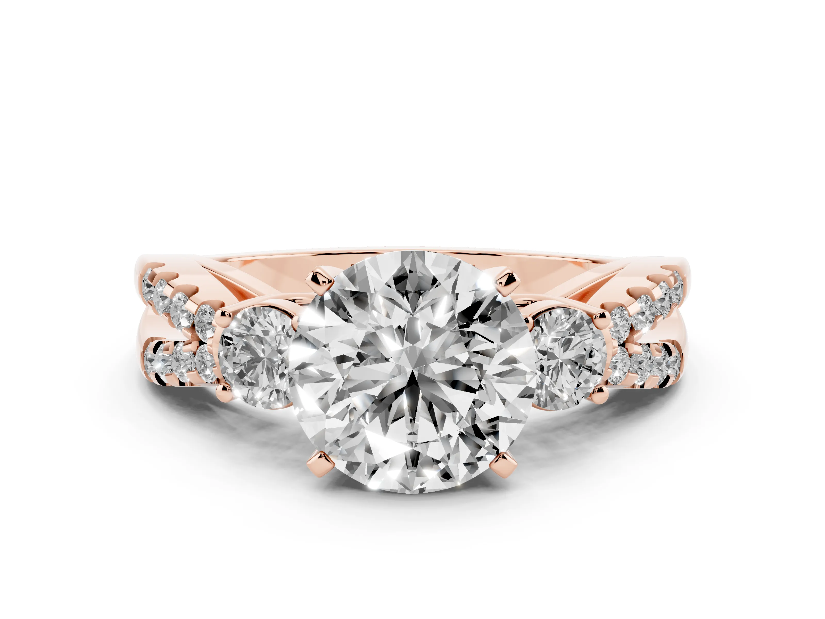Round Cut Diamond Three-Stone Ring Set in Rose gold with Pavé Split Shank and Prong Setting