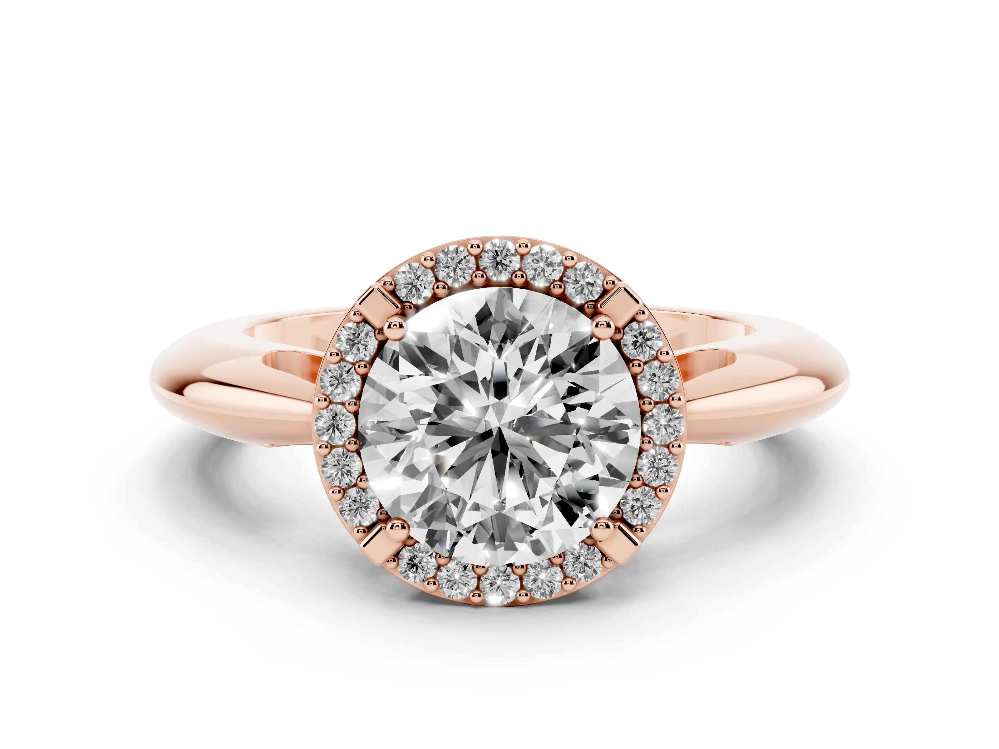 Round Cut Diamond Halo Engagement Ring Set in Rose gold with Plain Split Shank and Prong Setting
