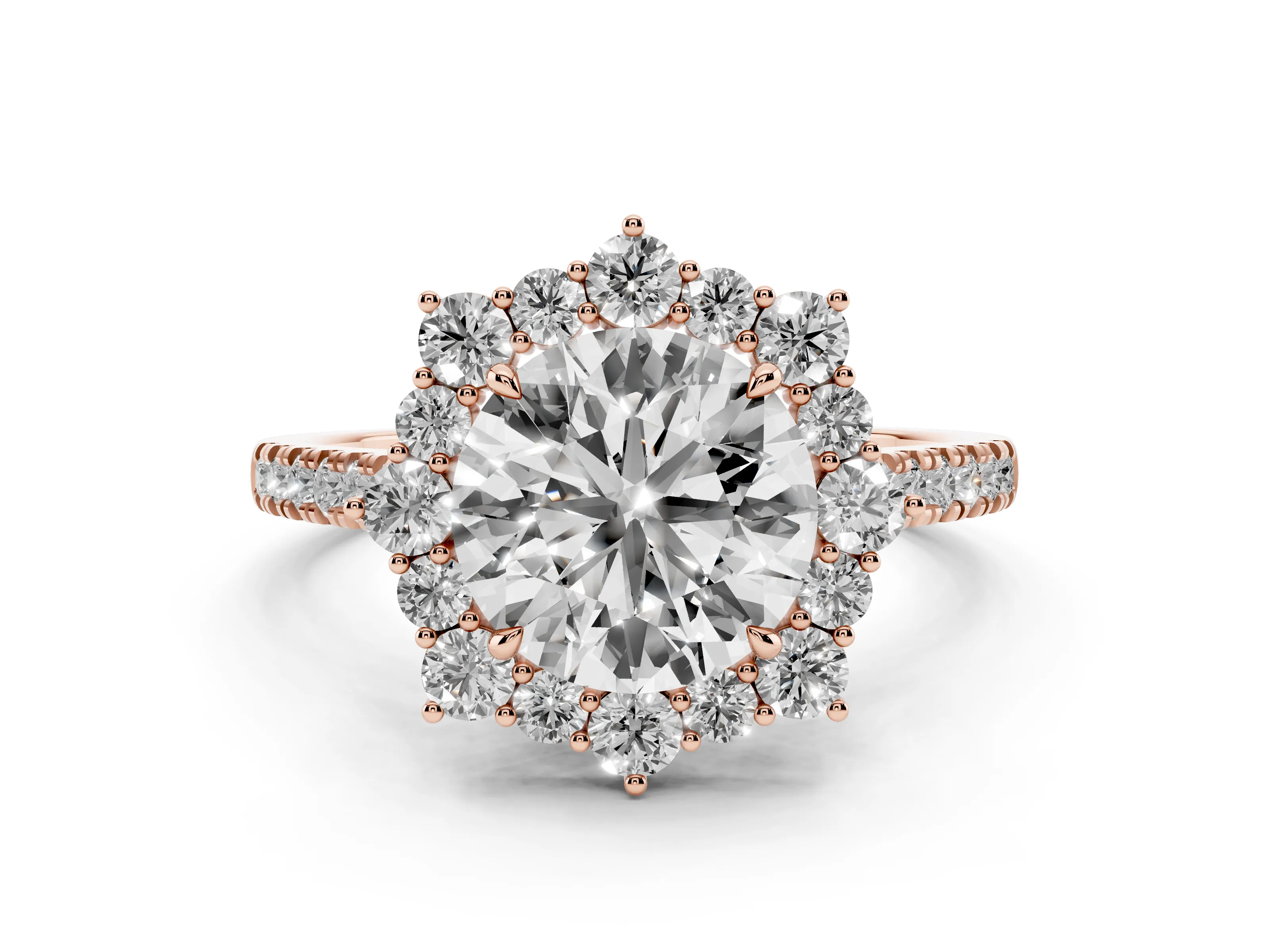 Round Cut Diamond Halo Ring Set in Rose gold with Pavé Band and Prong Setting