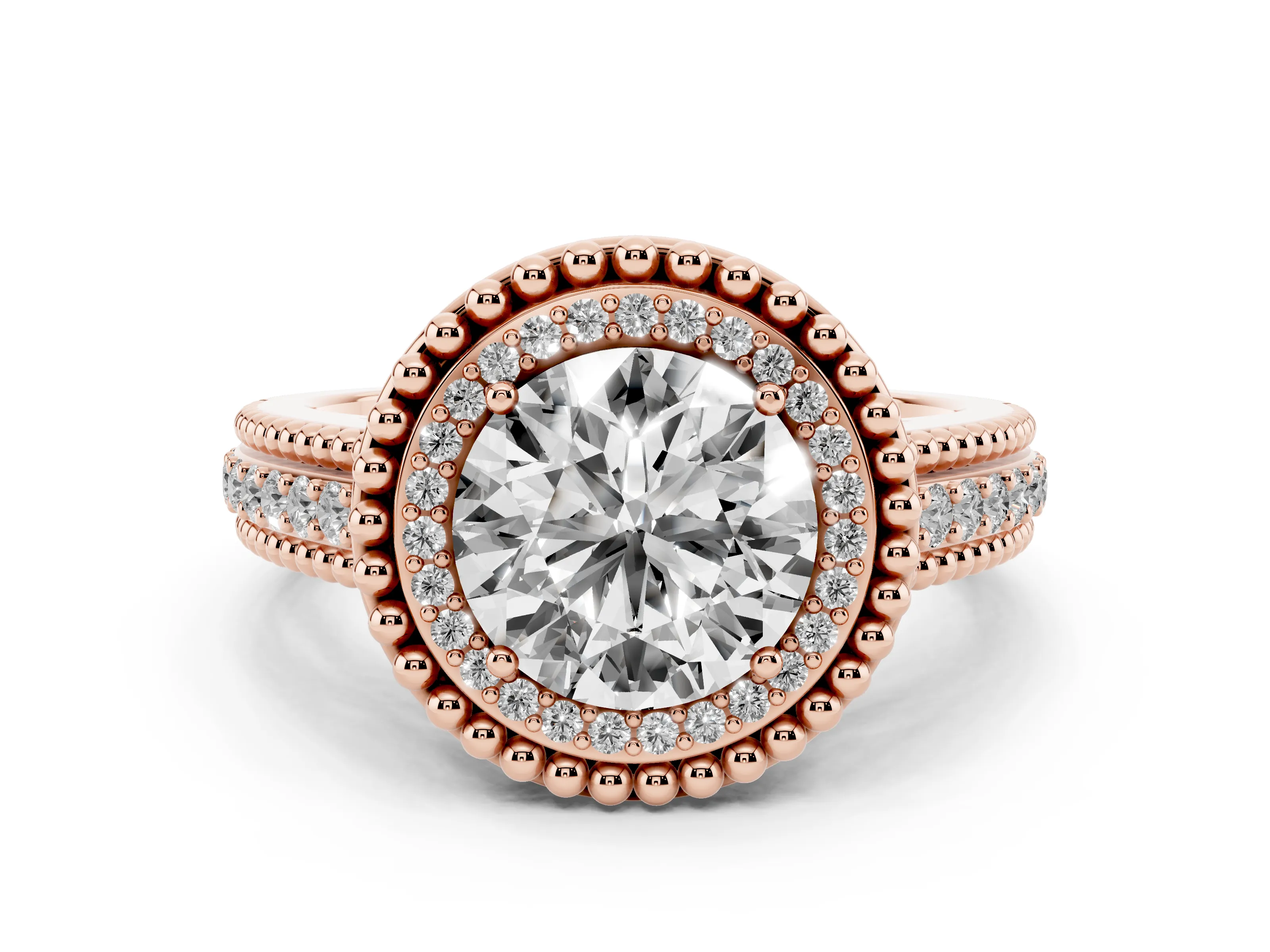 Round Cut Diamond Halo Ring Set in Rose gold with Beaded Split Shank and Prong Setting