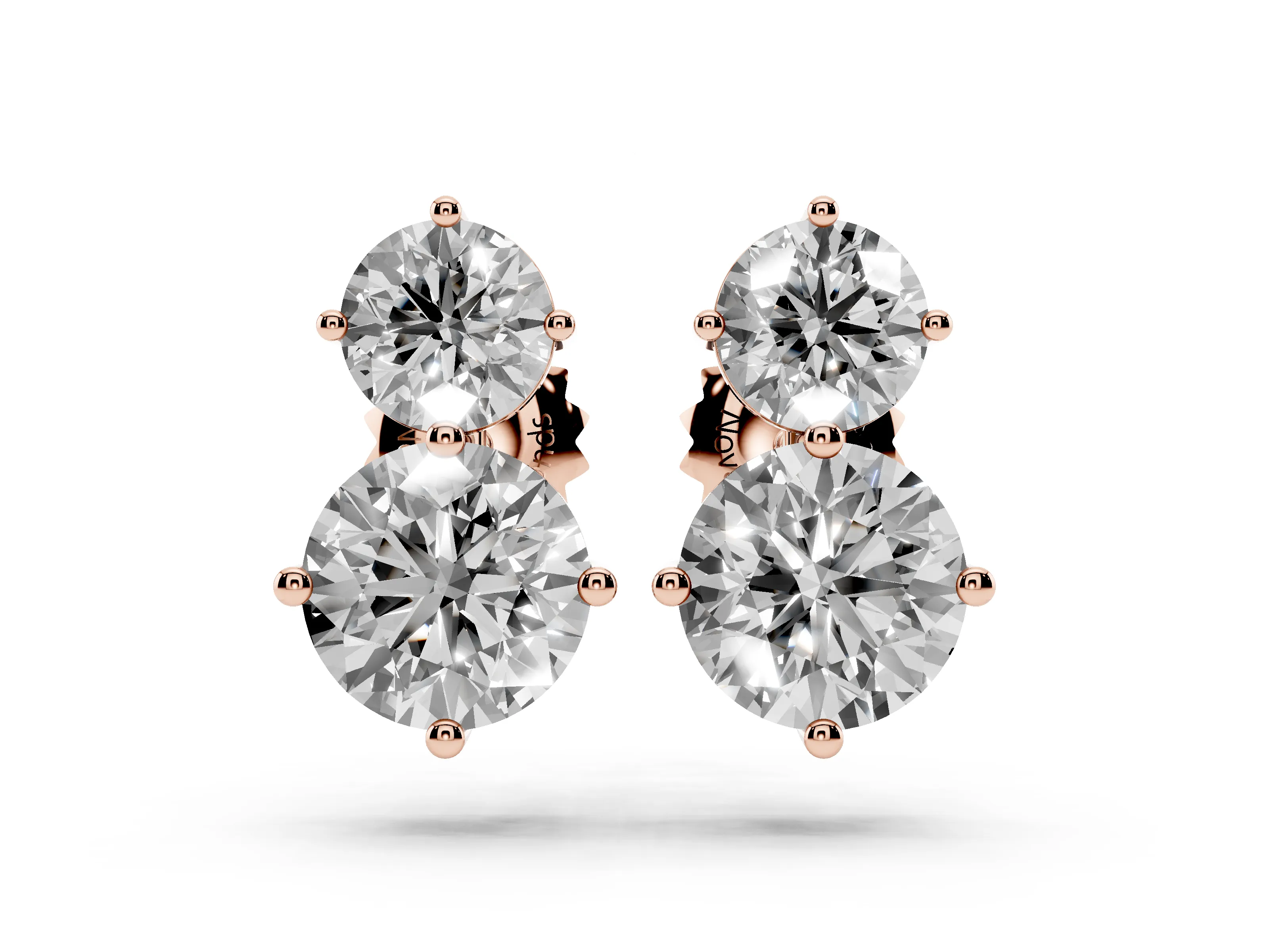 Round Lab-Grown Diamond Vertical Two Stone Stud Earrings | Small Over Large | Rose Gold