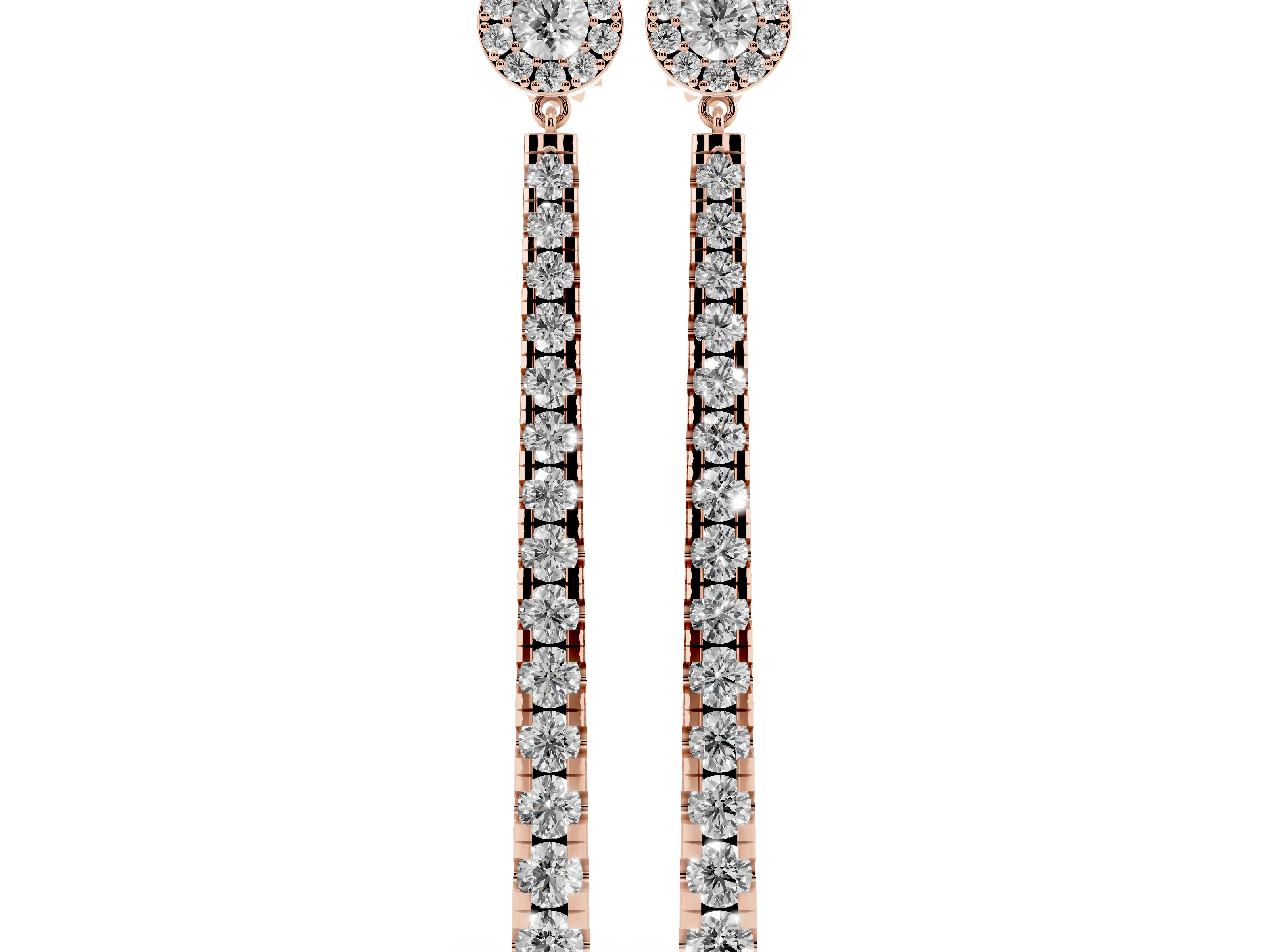 Round Lab-Grown Diamond Graduated Linear Drop Earrings | Halo Stud Top | Rose Gold