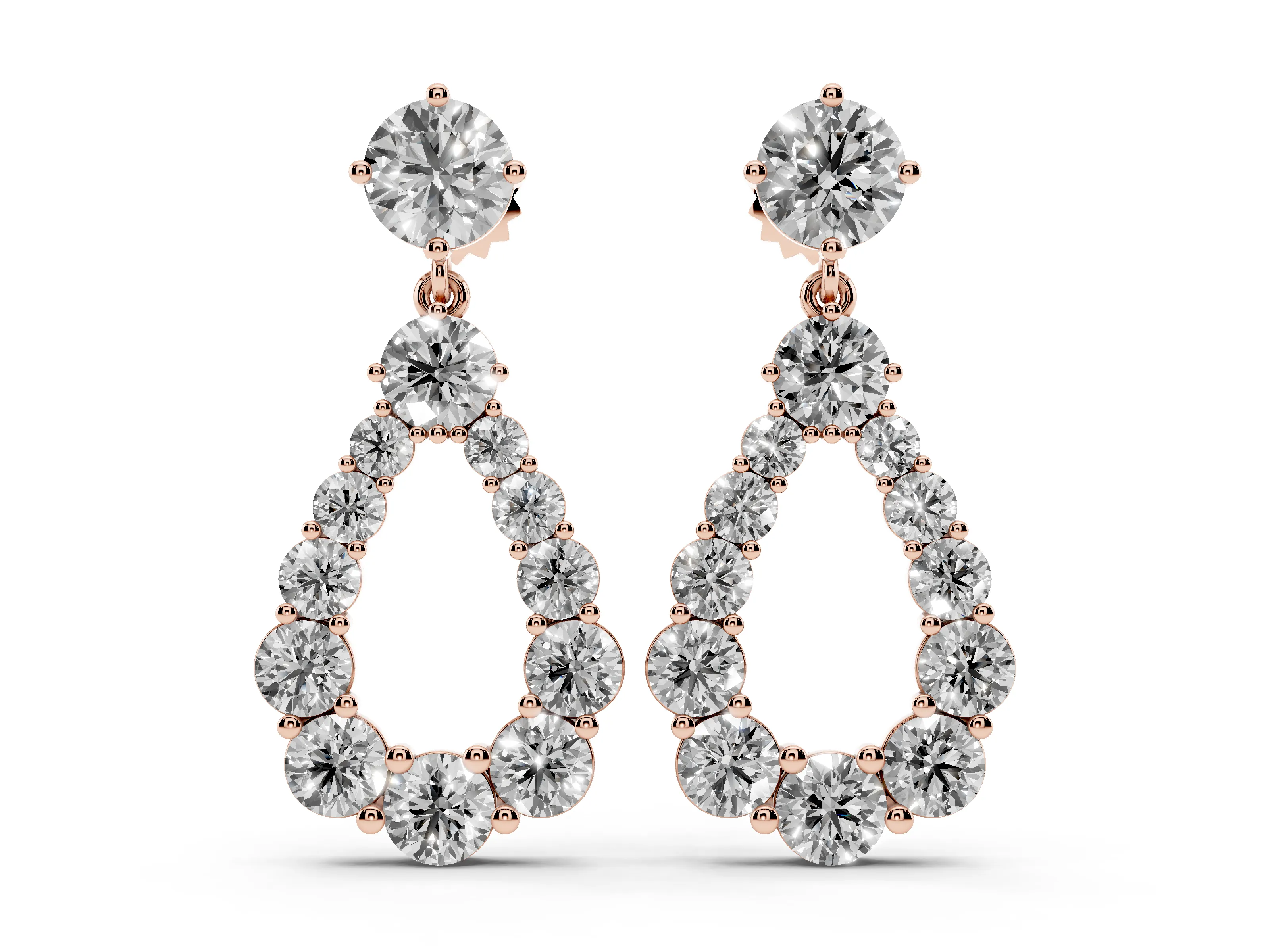 Round Lab-Grown Diamond Graduated Open Teardrop Drop Earrings | Shared Prongs | Rose Gold