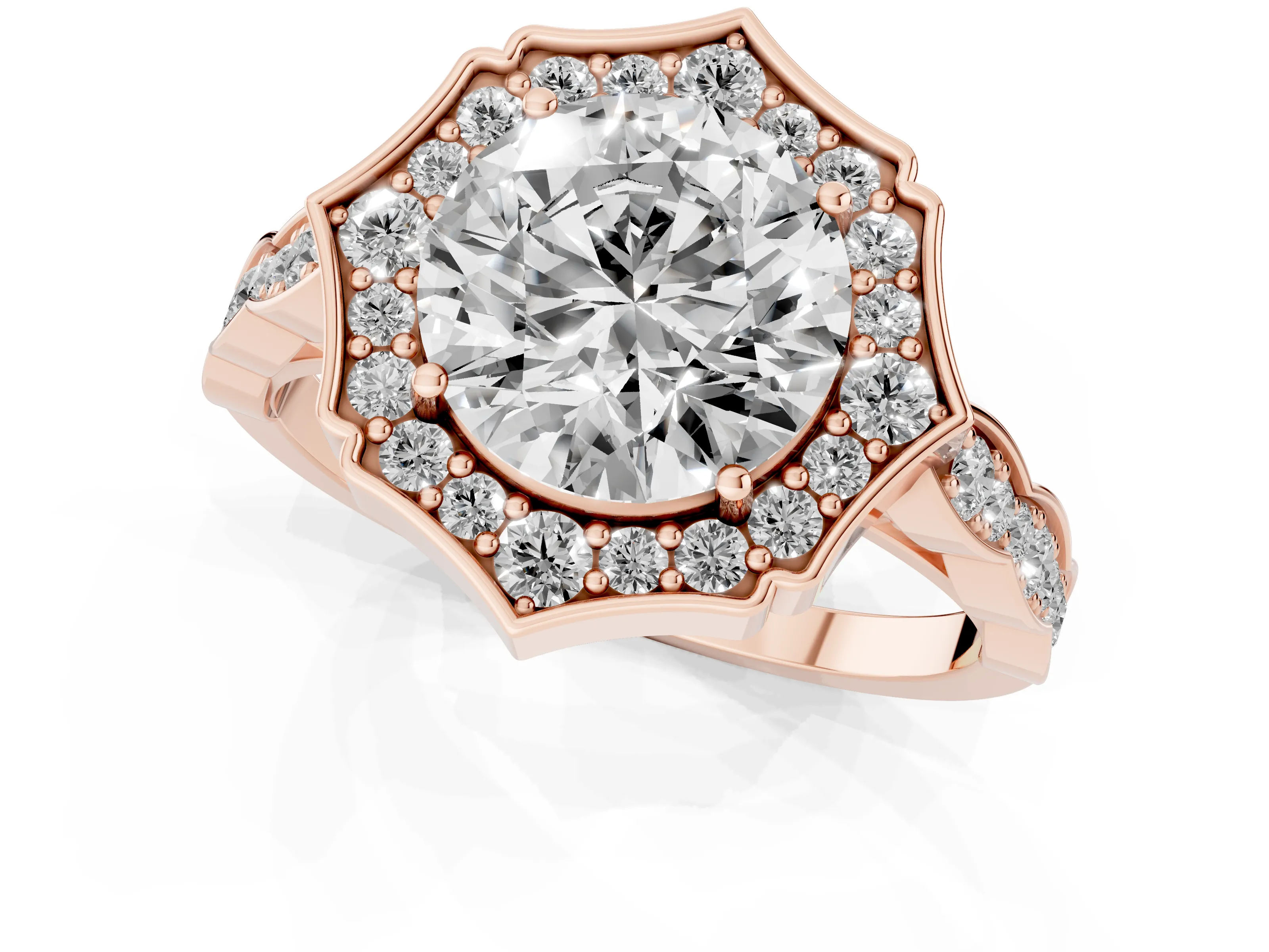 Round Cut Diamond Halo Engagement Ring Set in Rose gold with Milgrain Band and Prong Setting