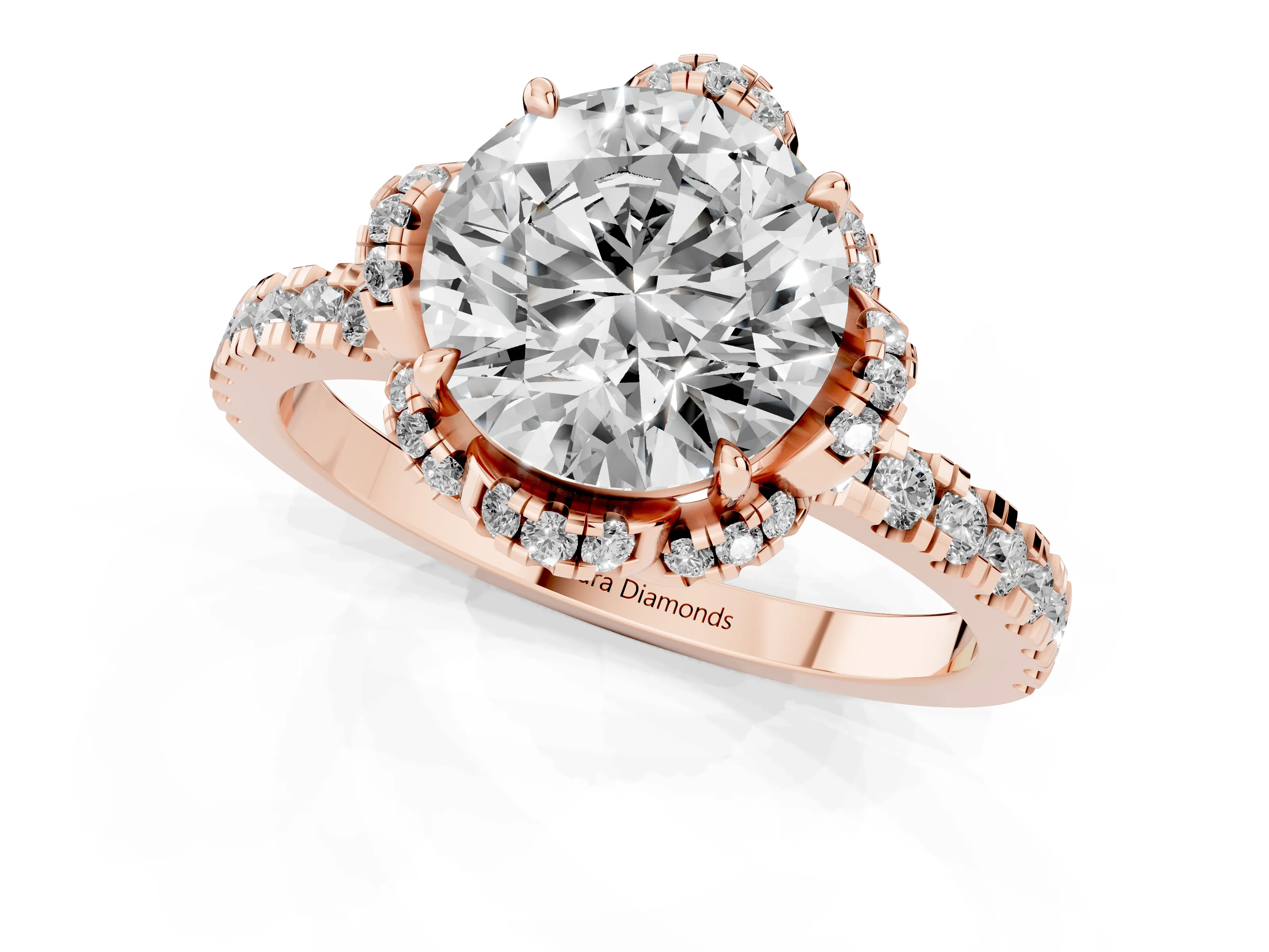 Round Cut Diamond Halo Pavé Band Ring Set in Rose gold with Prong-Held Center