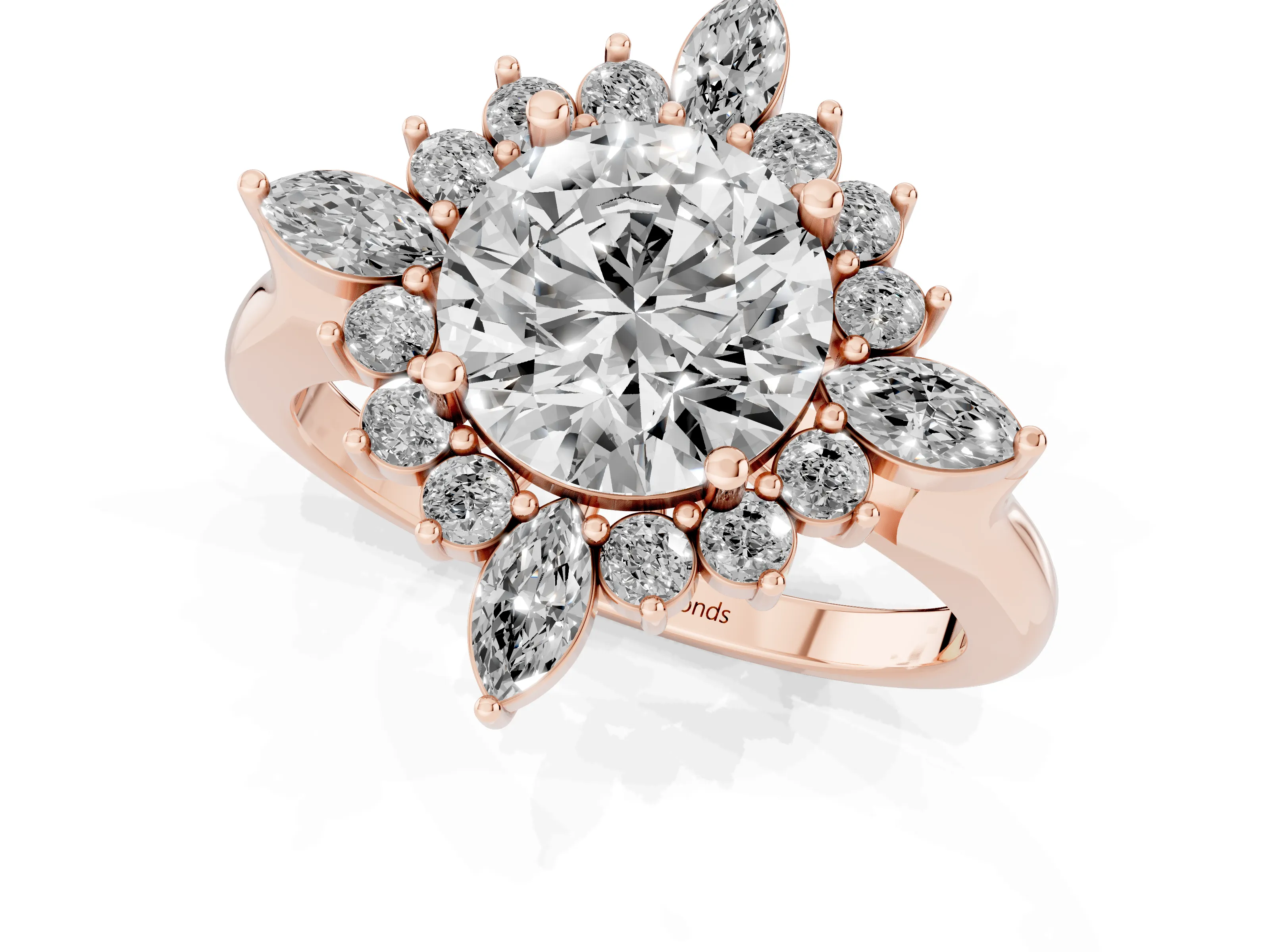 Round Cut Diamond Cluster Halo Ring Set in Rose gold with Marquise and Round Accents