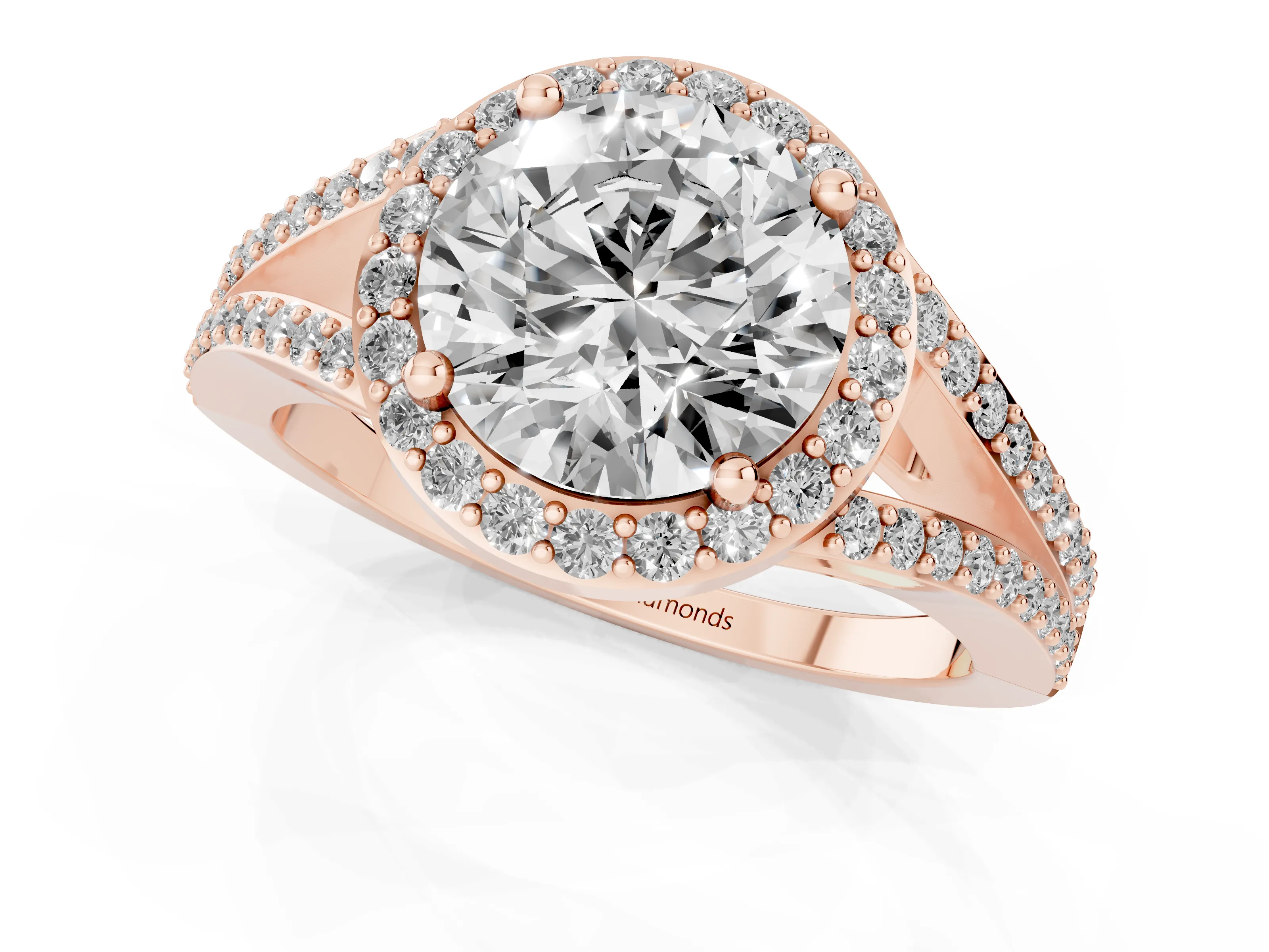 Round Cut Diamond Halo Split Shank Pavé Ring Set in Rose gold with Prong Setting – second view