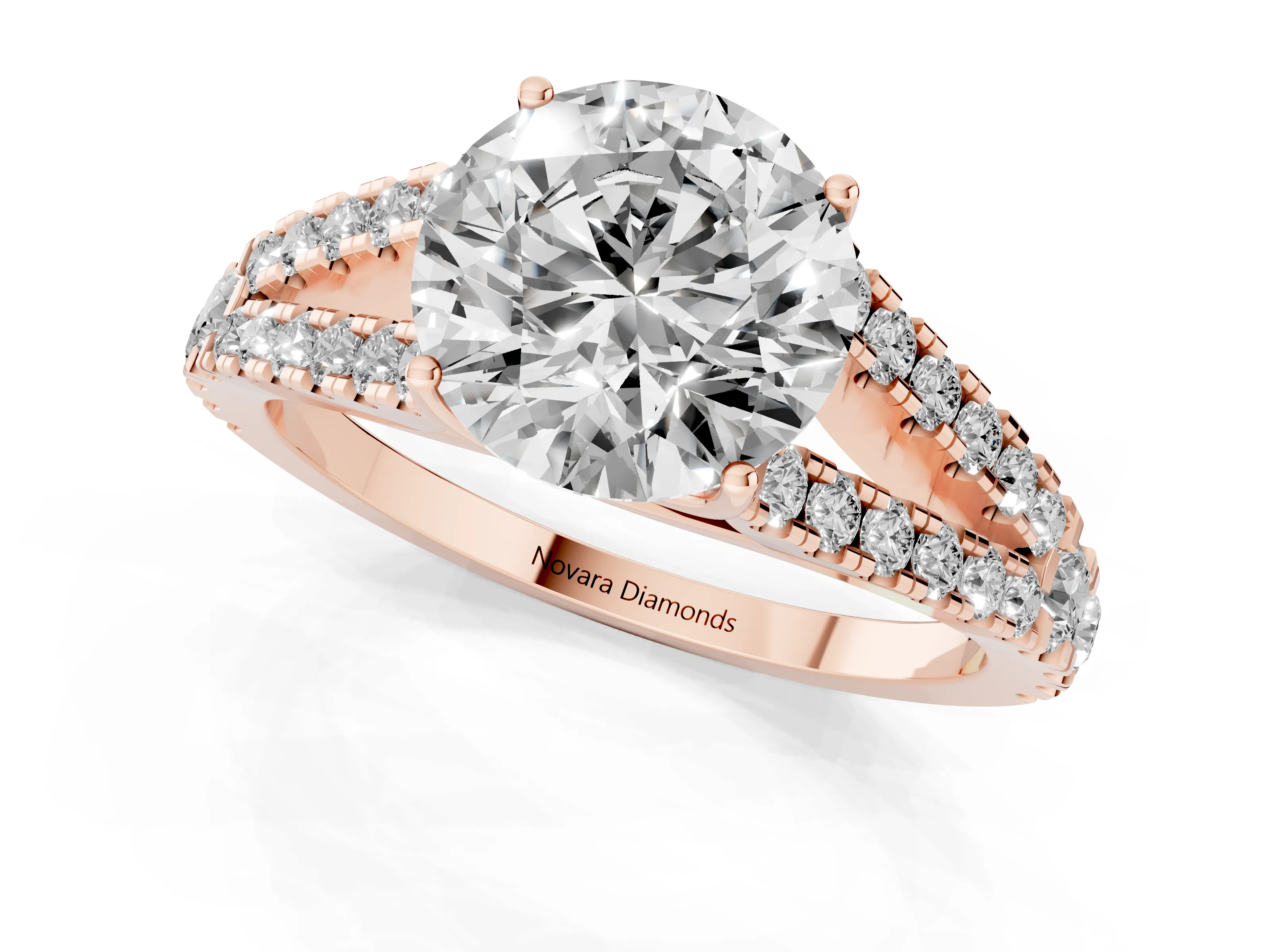 Round Cut Diamond Split Shank Pavé Engagement Ring Set in Rose gold with Prong-Held Center Stone