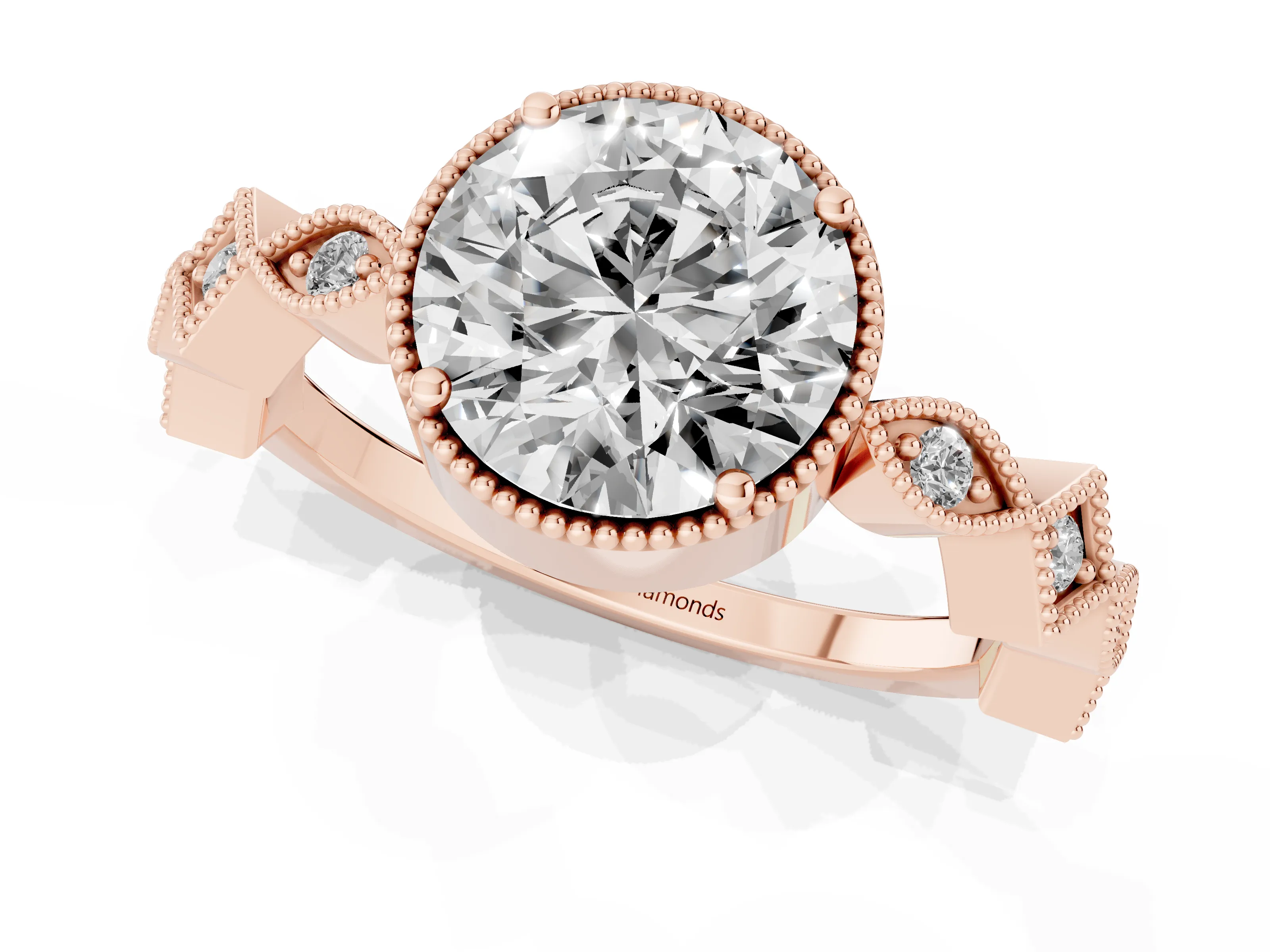 Round Cut Diamond Milgrain Marquise Twist Band Ring Set in Rose gold with Prong Setting