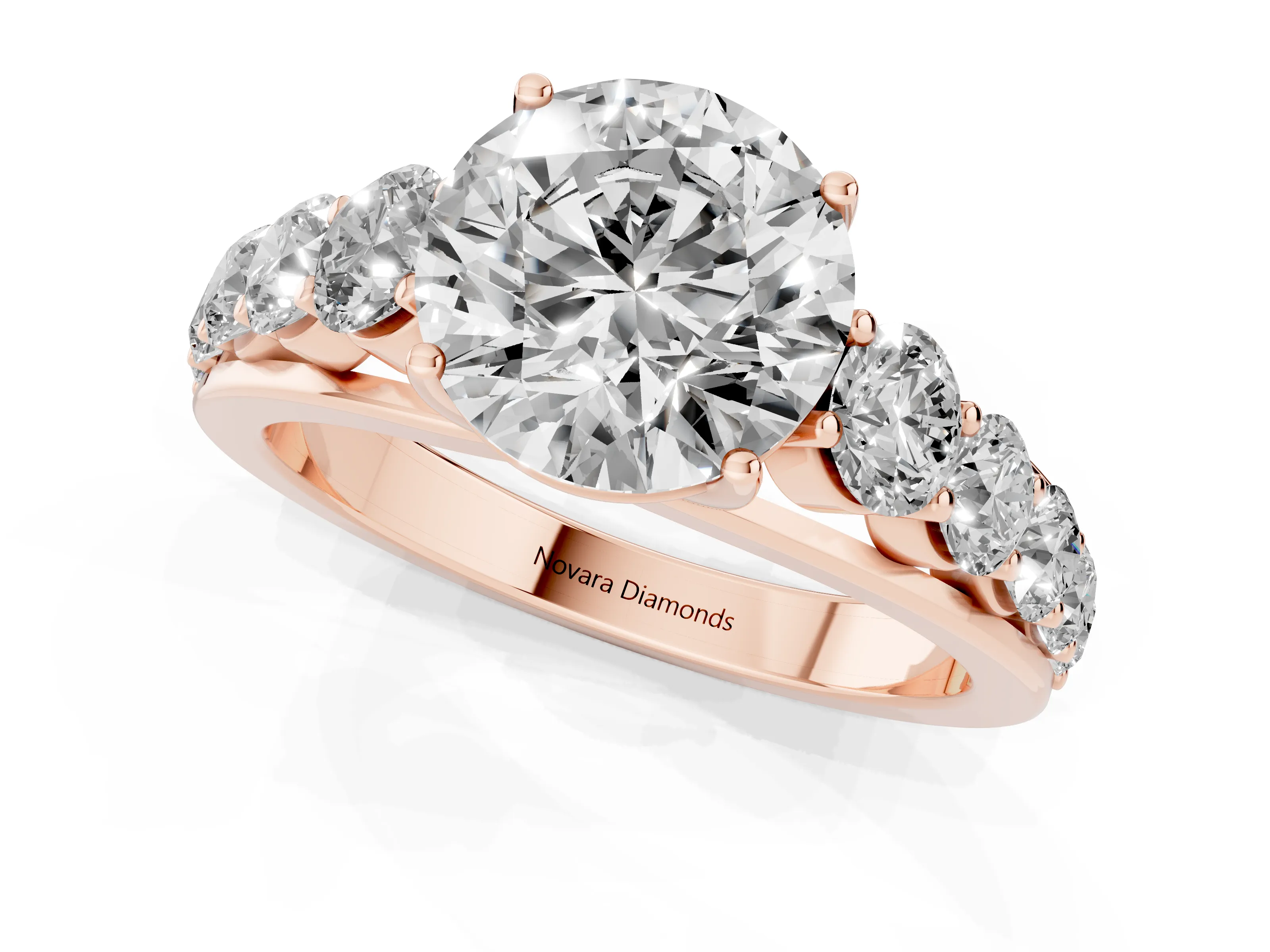 Round Cut Diamond Solitaire Ring Set in Rose gold with Pavé-Set Band and Prong Setting
