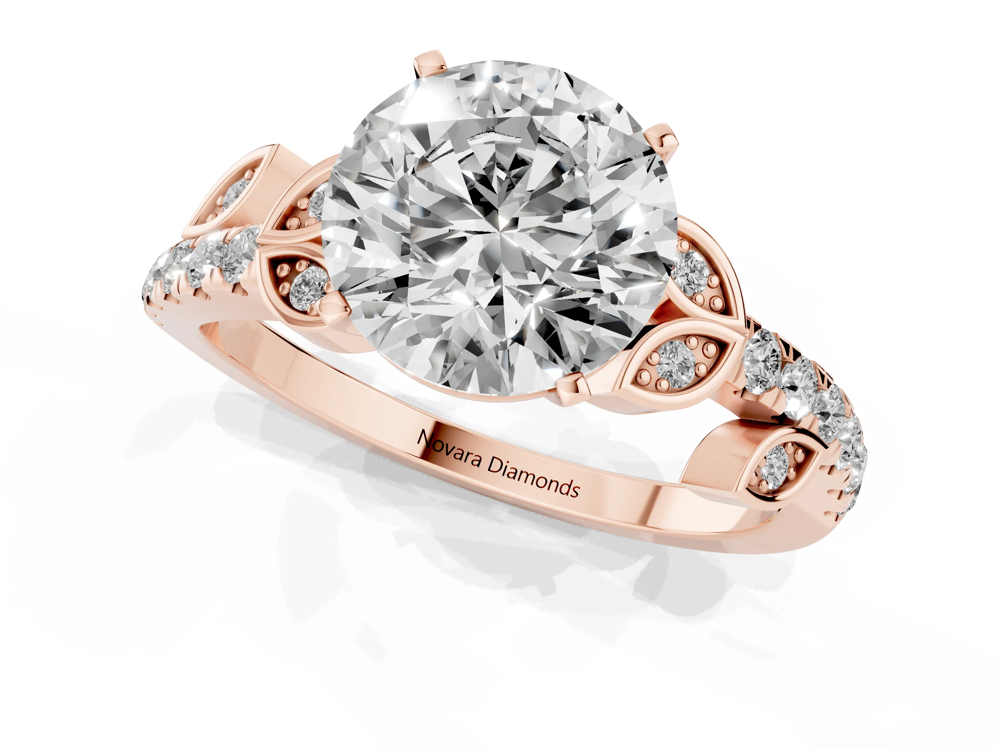 Round Cut Diamond Solitaire Leaf-Inspired Ring Set in Rose gold with Pavé Band and Prong Setting