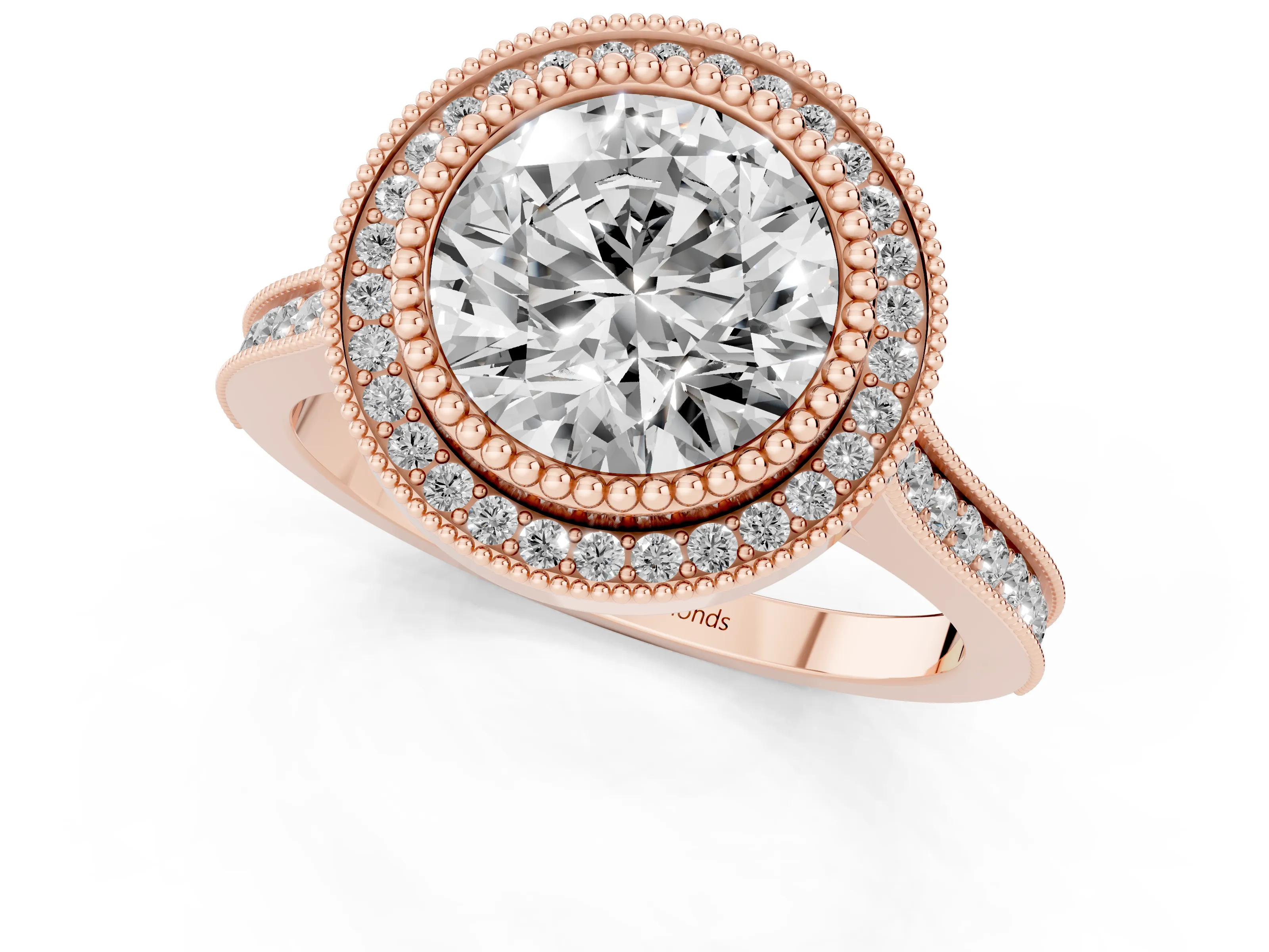 Round Cut Diamond Halo Ring Set in Rose gold with Milgrain Frame and Pavé Band