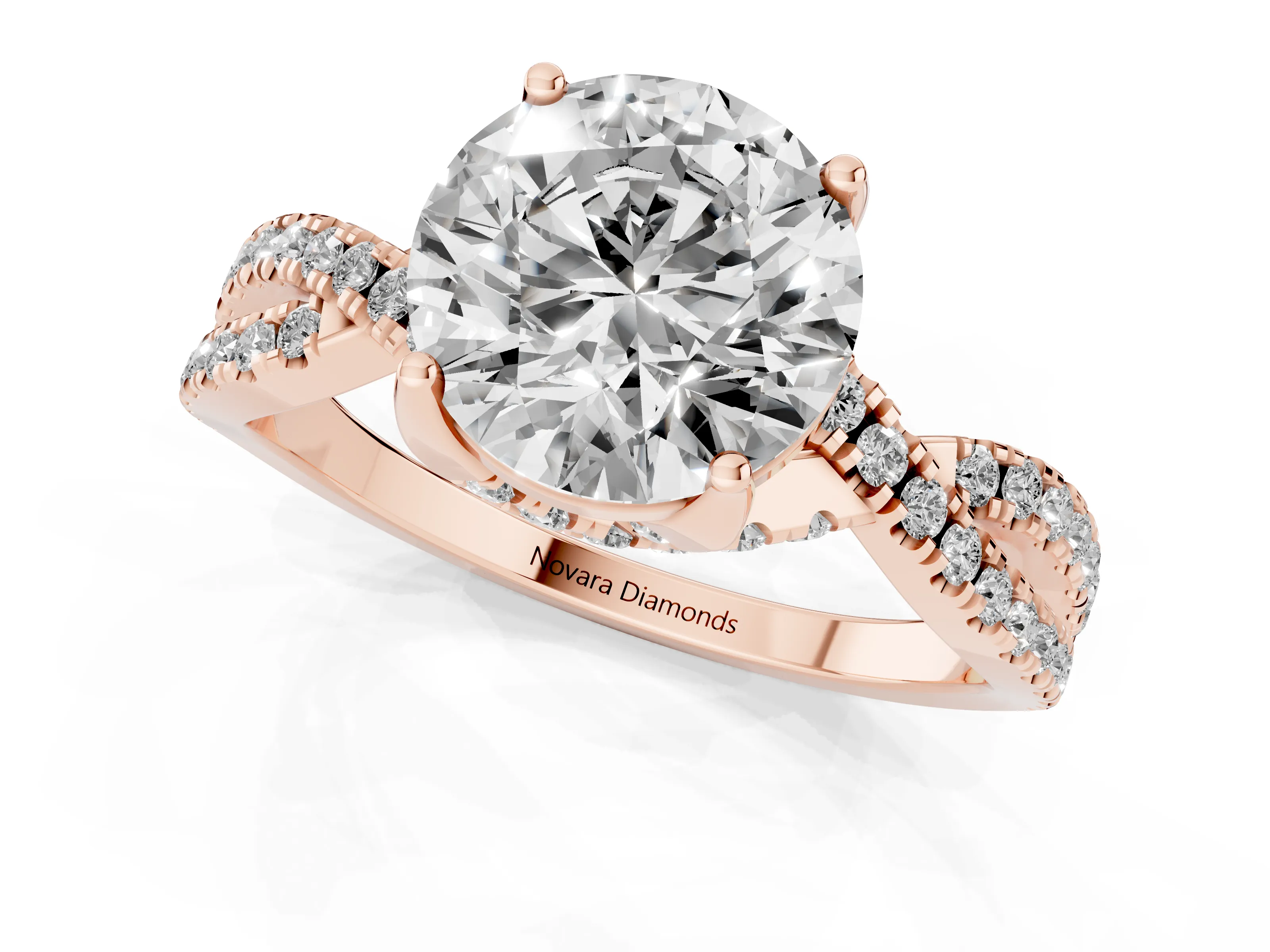 Round Cut Diamond Twist Pavé Solitaire Engagement Ring Set in Rose gold with Prong Setting