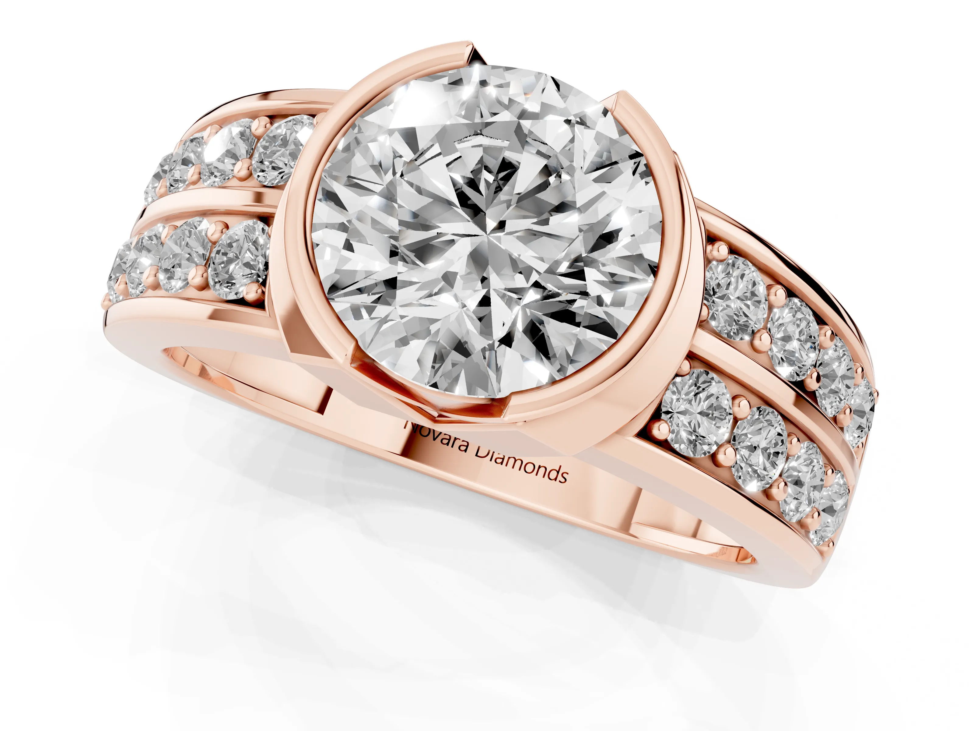 Round Cut Diamond Wide Channel Set Band Ring Set in Rose gold with Bezel Setting