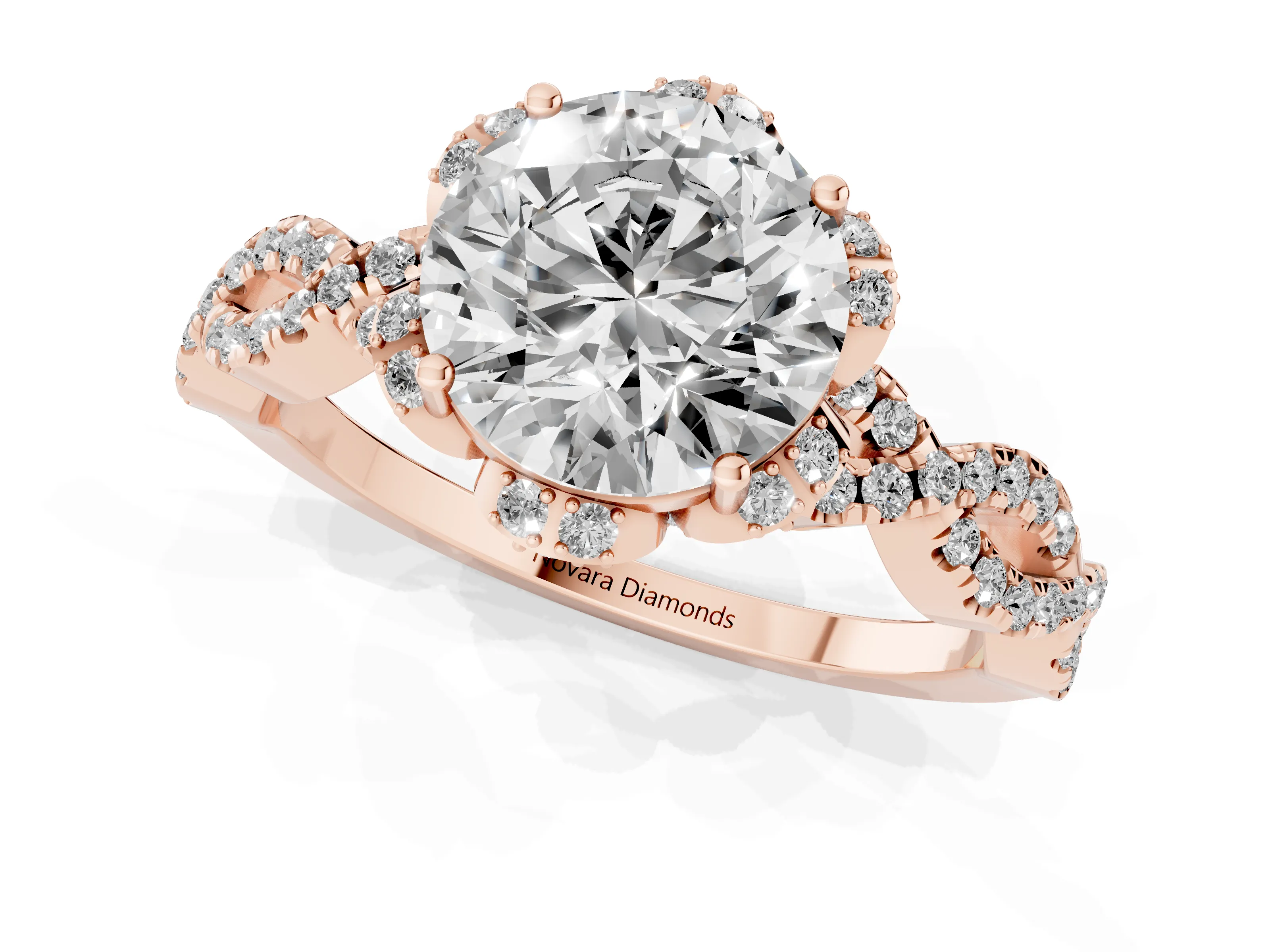 Round Cut Diamond Halo Twist Band Solitaire Ring Set in Rose gold with Prong-Set Center Stone