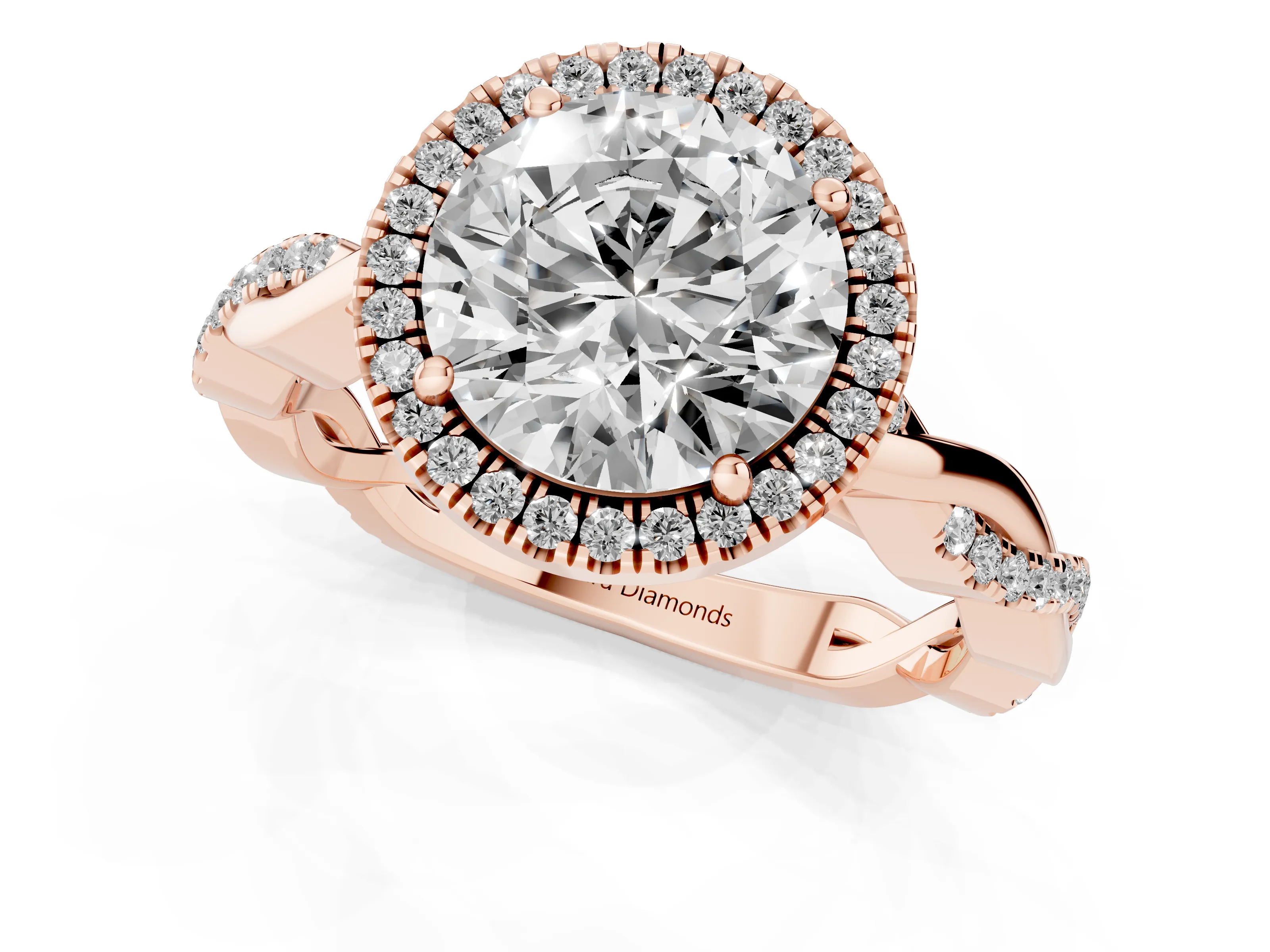 Round Cut Diamond Halo Twisted Band Ring Set in Rose gold with Prong Setting