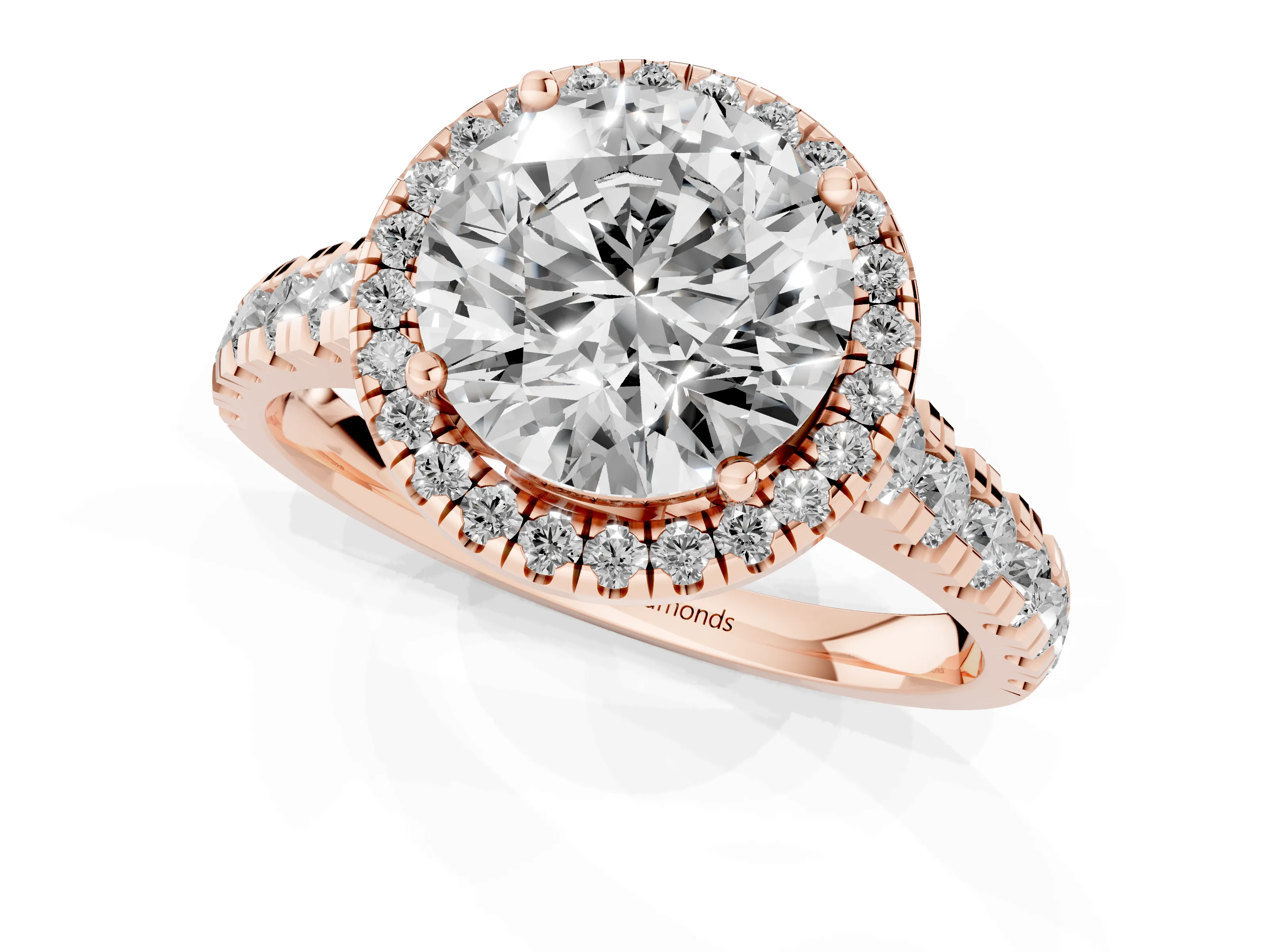 Round Cut Diamond Halo Engagement Ring Set in Rose gold with Pavé Band and Prong-Set Center