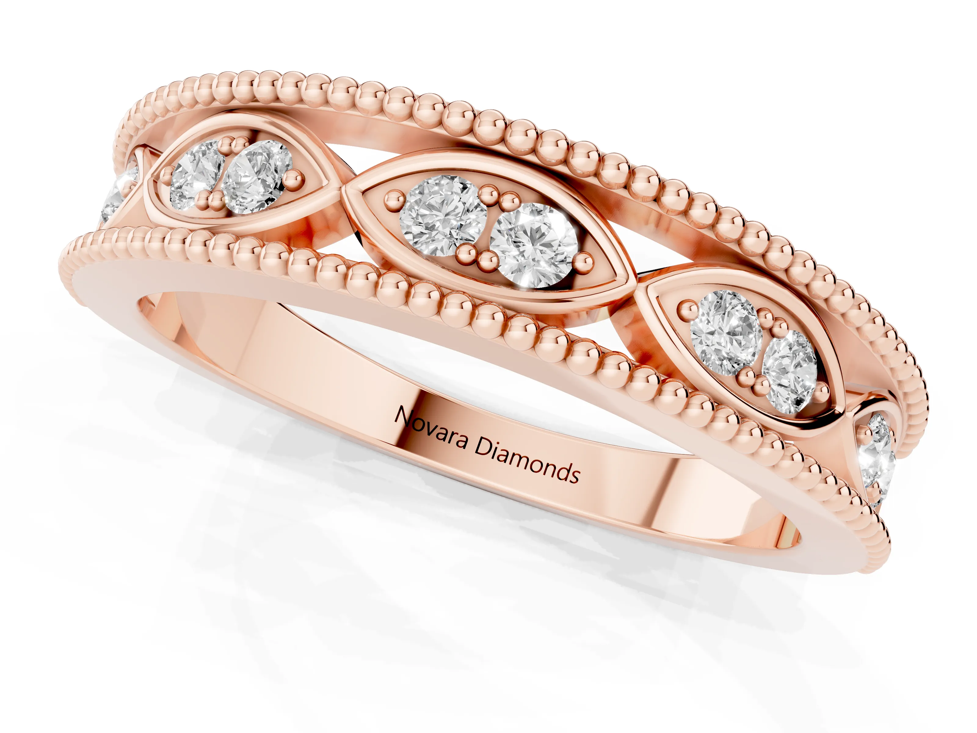 Round Diamond Marquise Shape Band Set in Rose gold with Milgrain Detail and Prong Setting