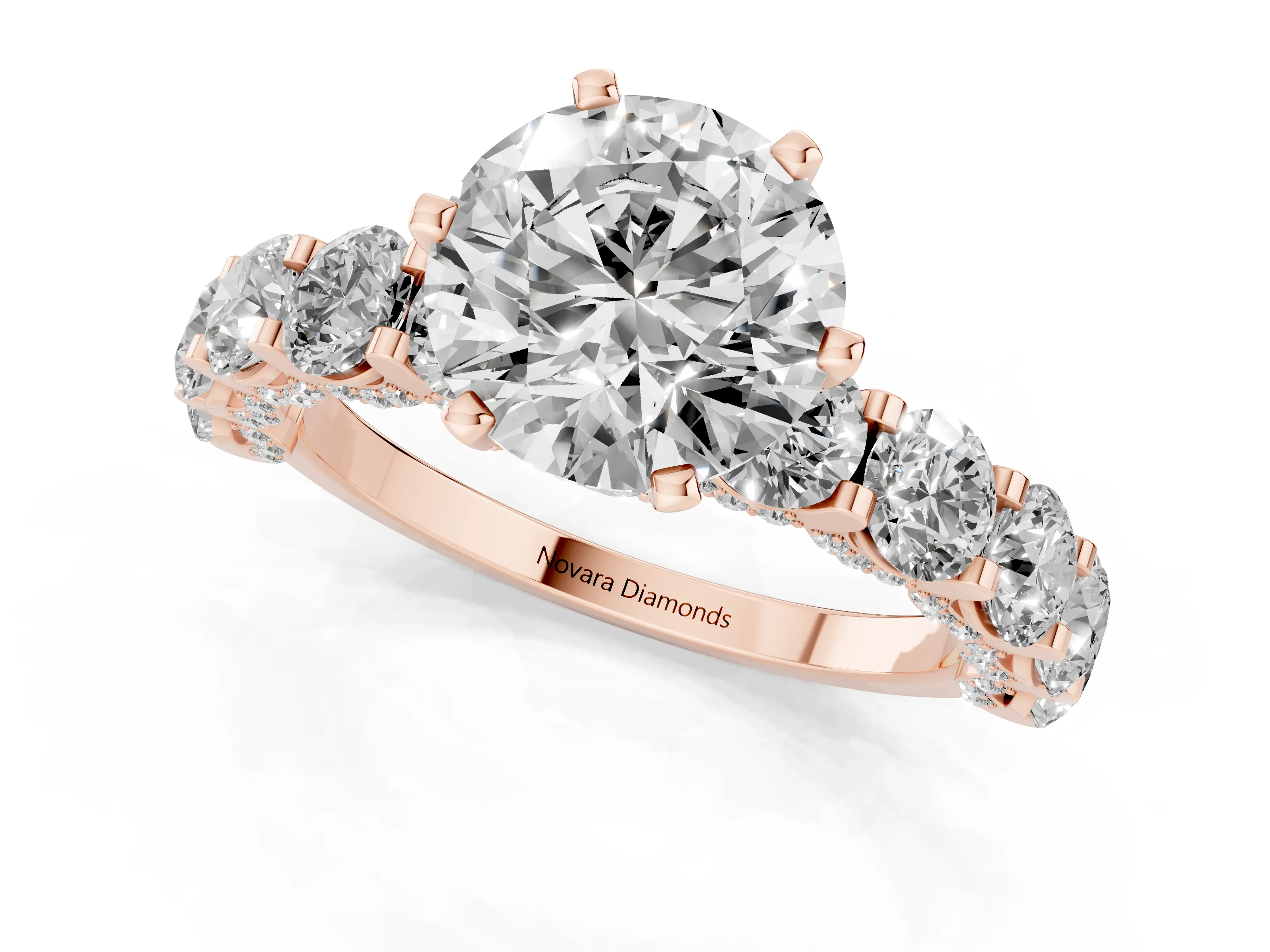 Round Cut Diamond Side Stone Ring Set in Rose gold with Alternating Round and Oval Side Stones – second view
