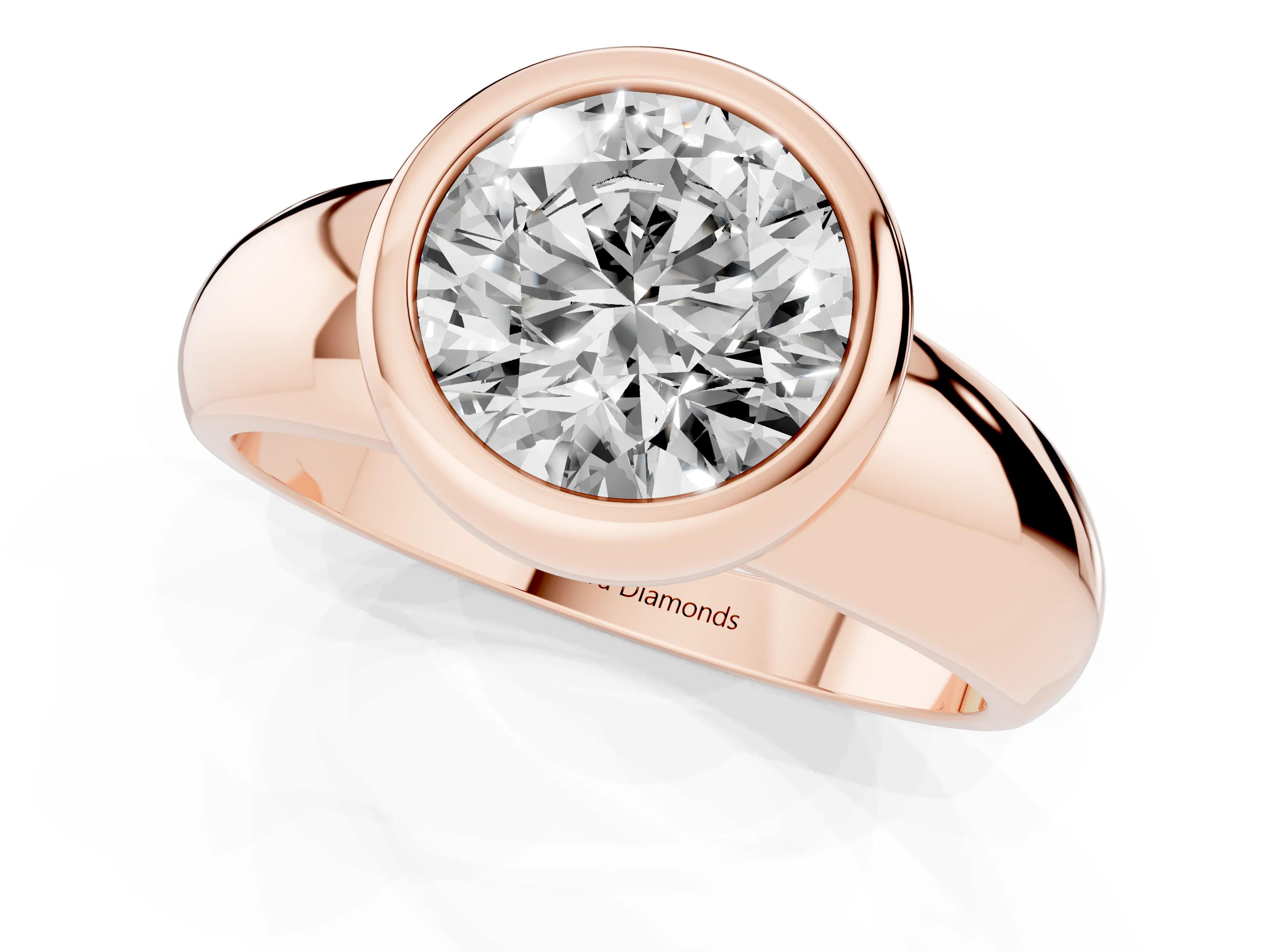 Bezel Set Round Cut Diamond Solitaire Ring Set in Rose gold with Wide Band