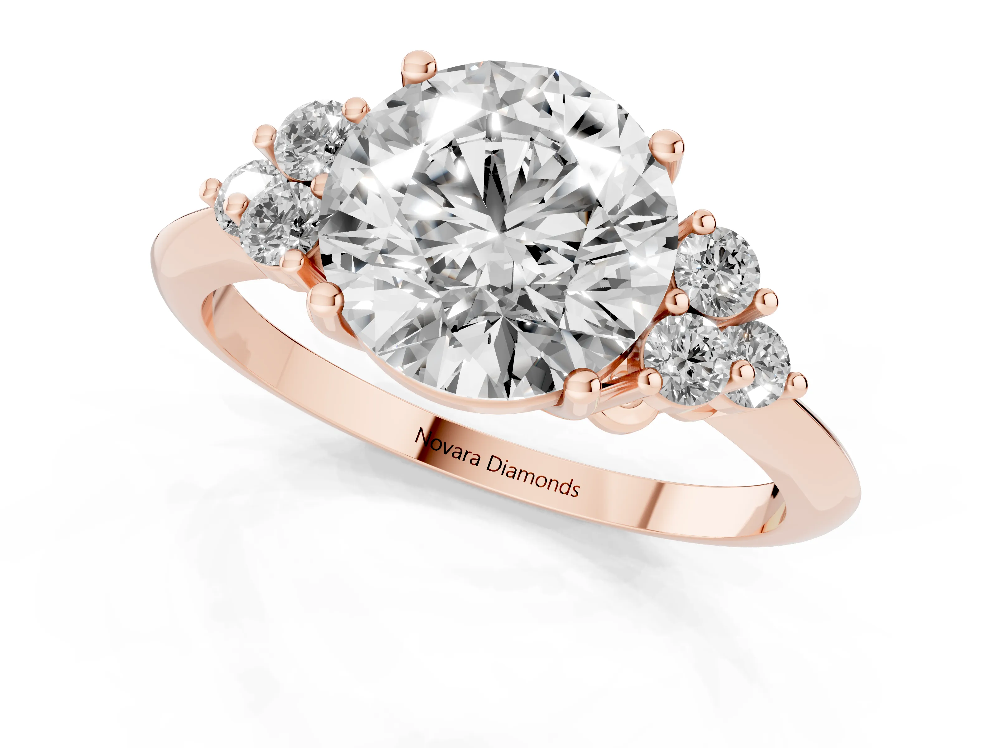 Round Cut Diamond Cluster Ring Set in Rose gold with Plain Band and Prong Setting
