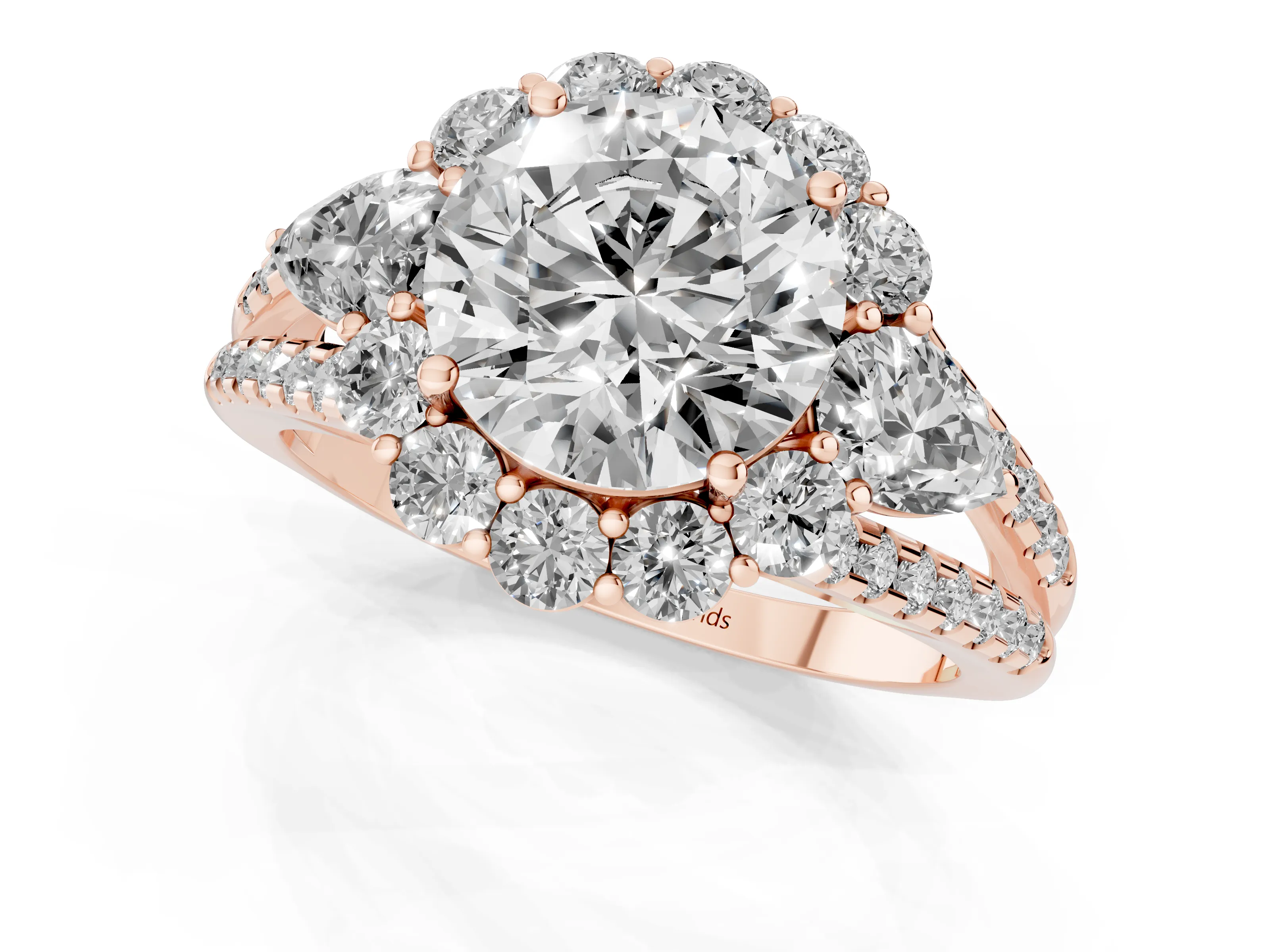 Round Cut Diamond Halo Split Shank Engagement Ring Set in Rose gold with Prong-Held Center Stone