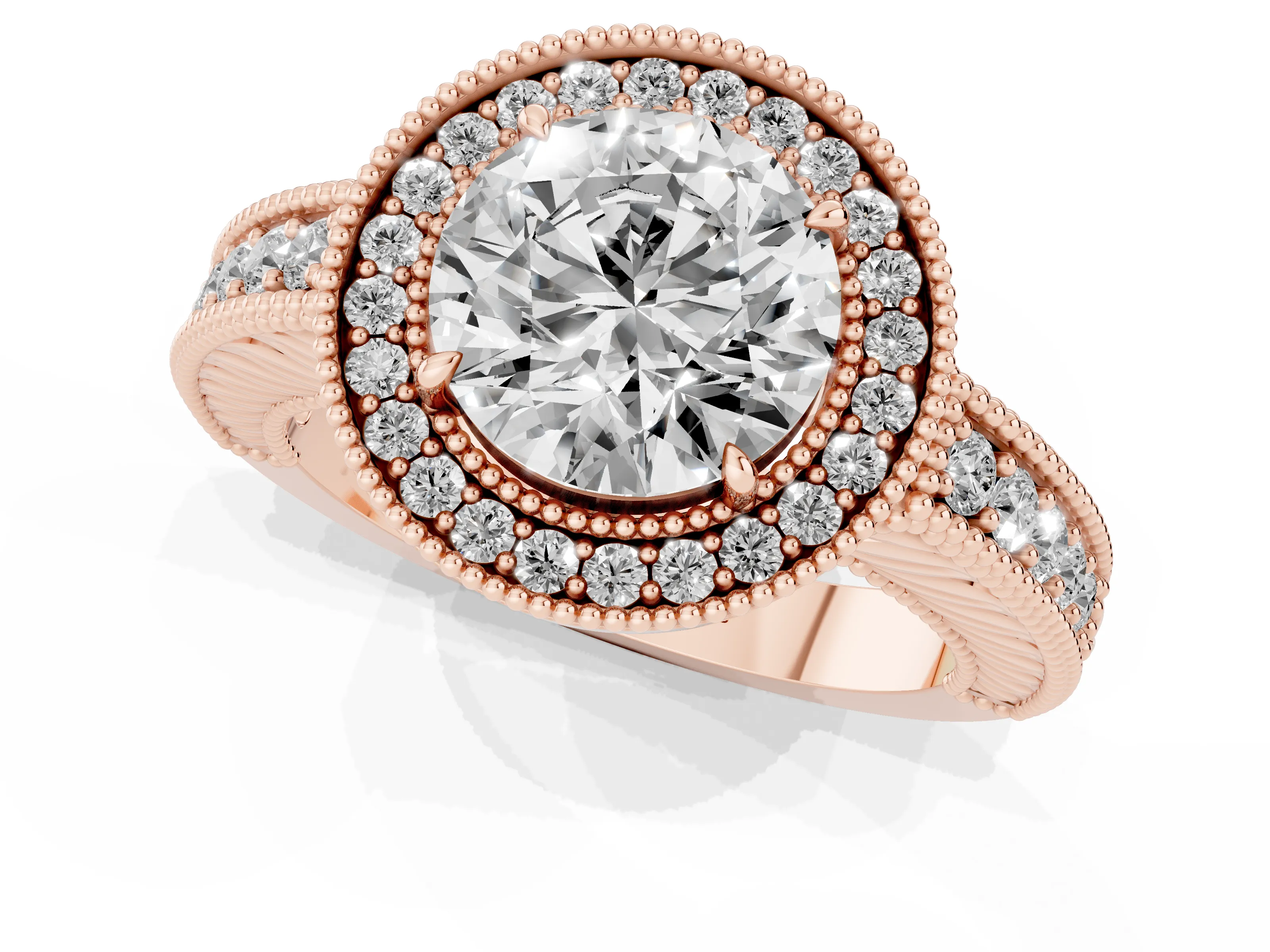 Round Cut Diamond Halo Ring Set in Rose gold with Round Accent Halo, Pavé Band and Prong Setting