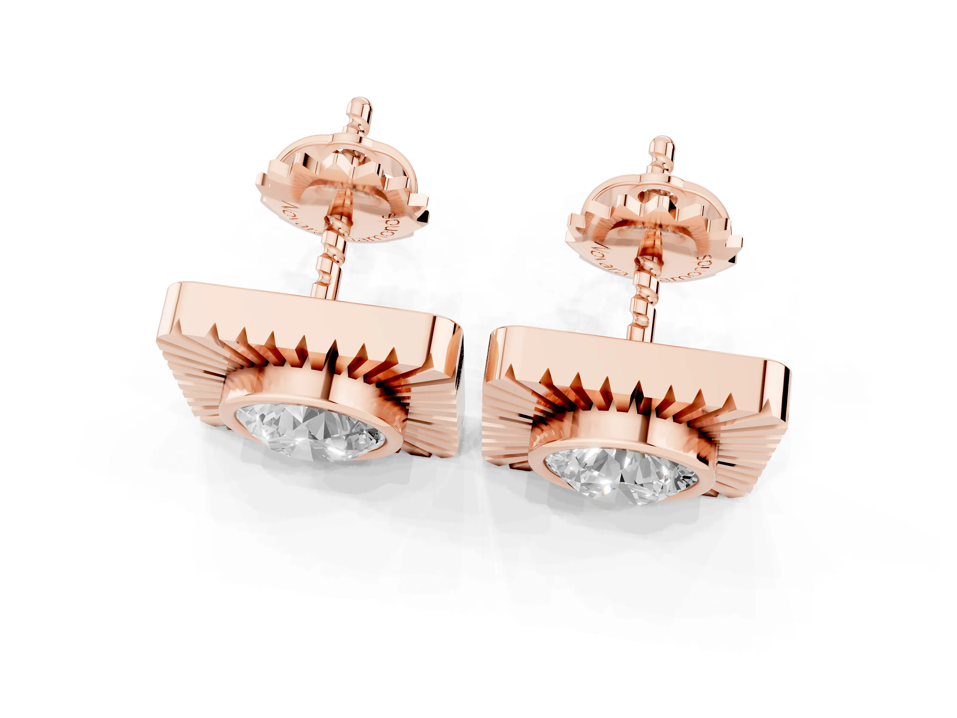 Round Lab-Grown Diamond Bezel Stud Earrings | Sunburst Square Frame | Rose Gold