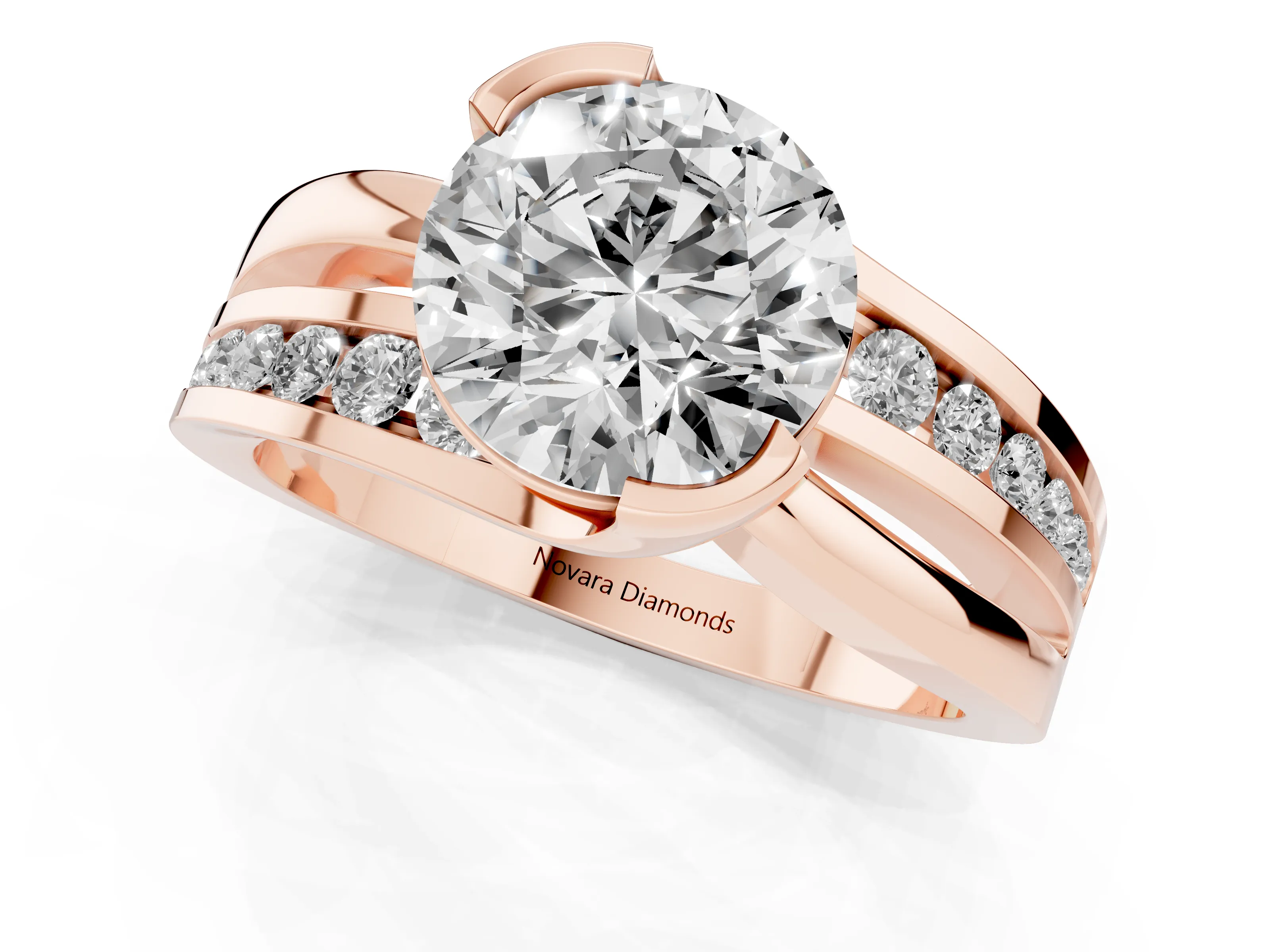 Round Cut Diamond Solitaire Ring Set in Rose gold with Channel Set Split Shank and Tension Prongs