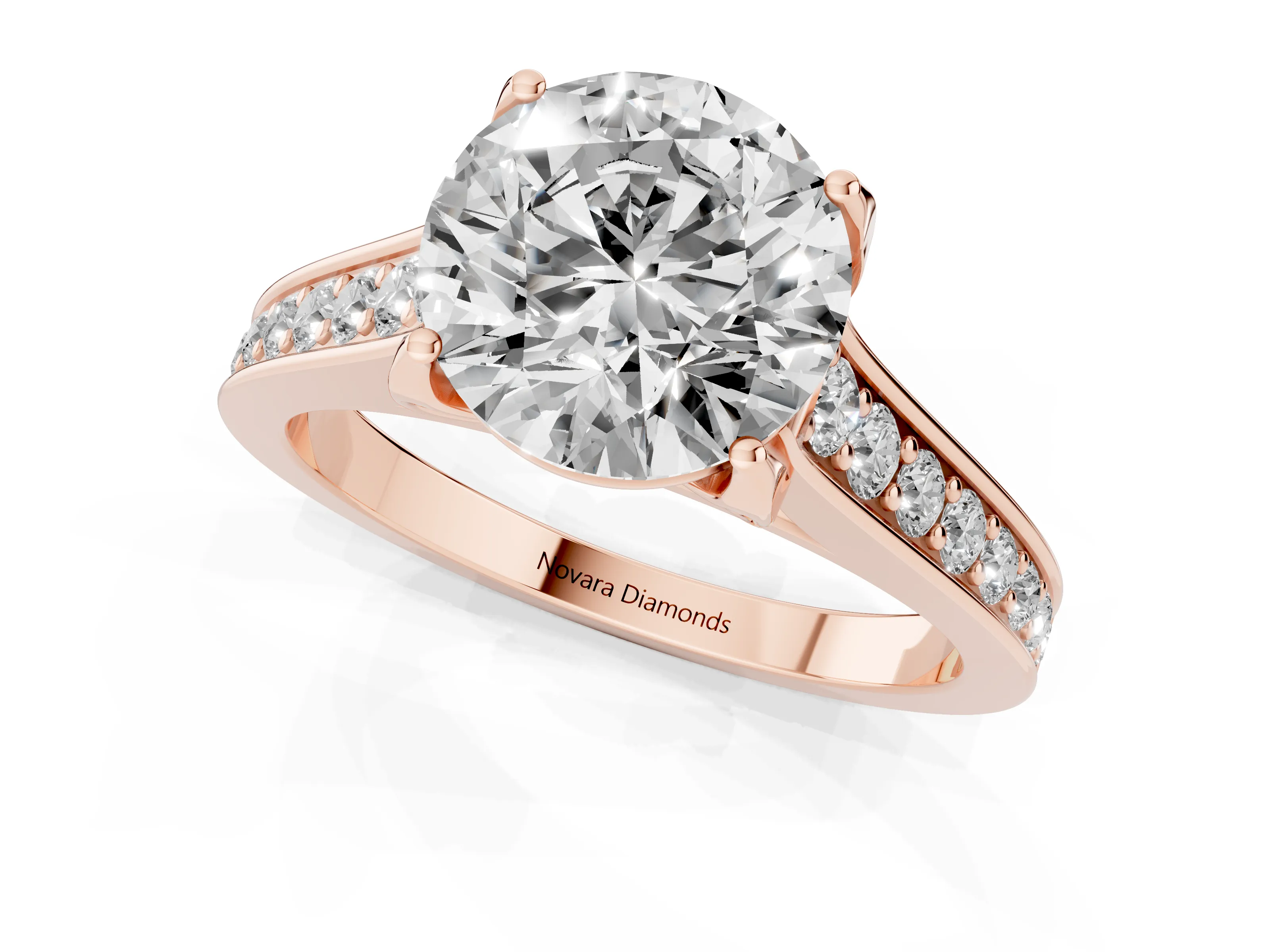 Round Cut Diamond Solitaire Pavé Engagement Ring Set in Rose gold with Prong Setting