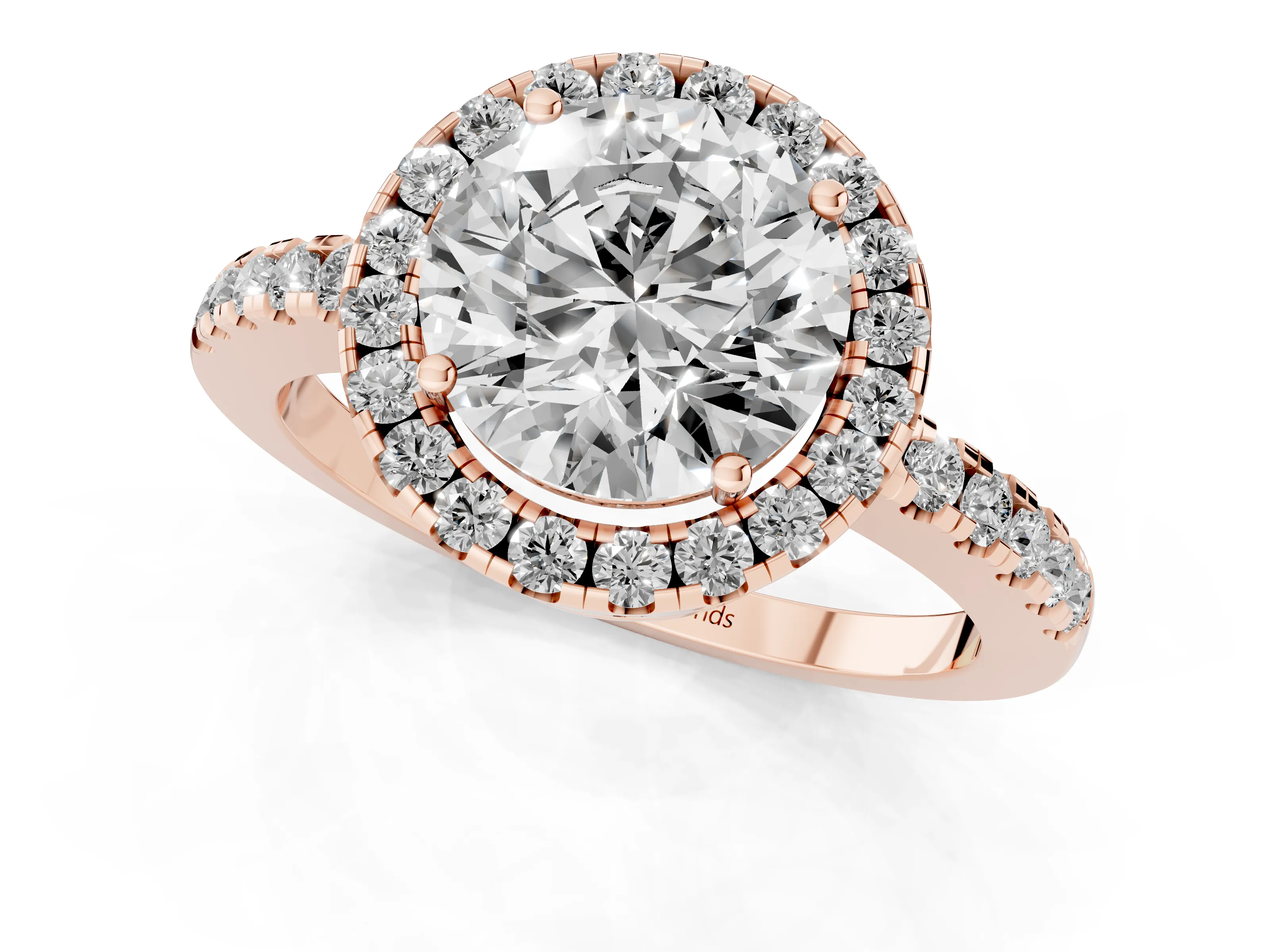 Round Cut Diamond Pavé Band Halo Engagement Ring Set in Rose gold with Prong Setting