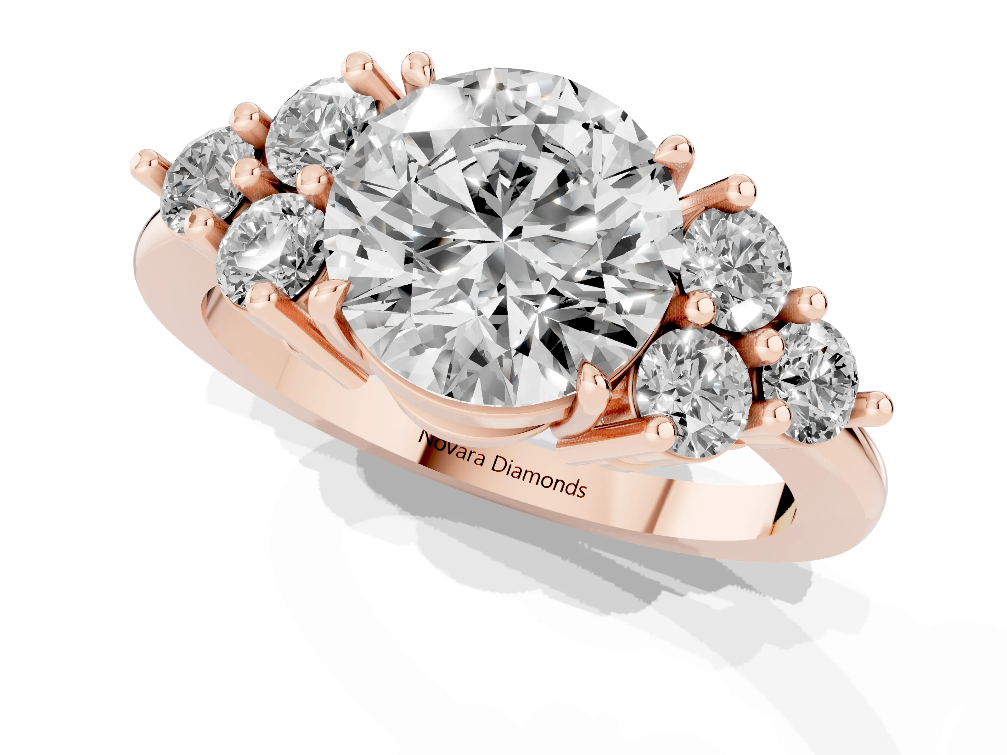 Round Cut Diamond Solitaire Ring Set in Rose gold with Cluster Accents on Each Side