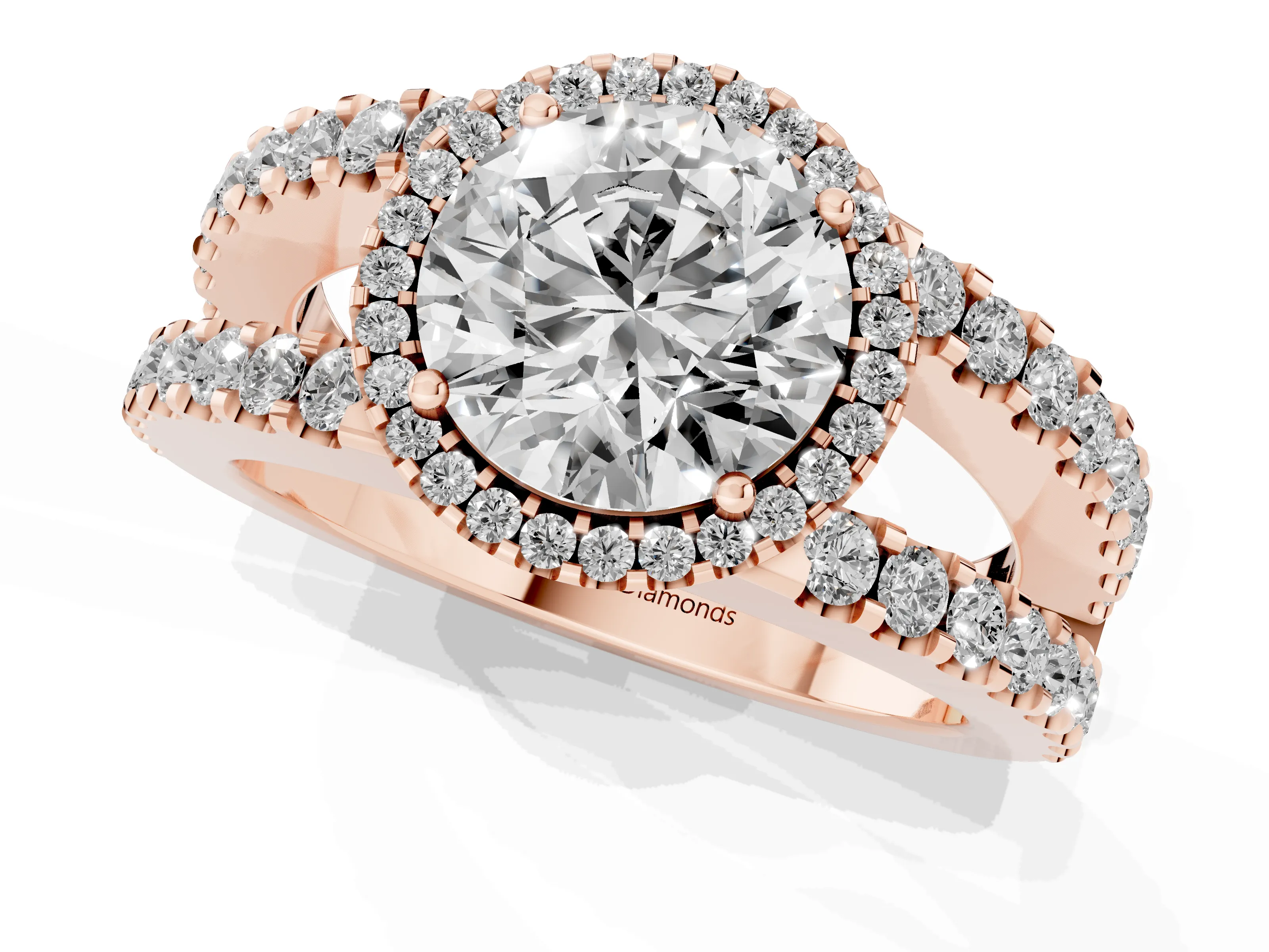 Round Cut Diamond Halo Ring Set in Rose gold with Pavé Split Shank and Prong Setting – second view