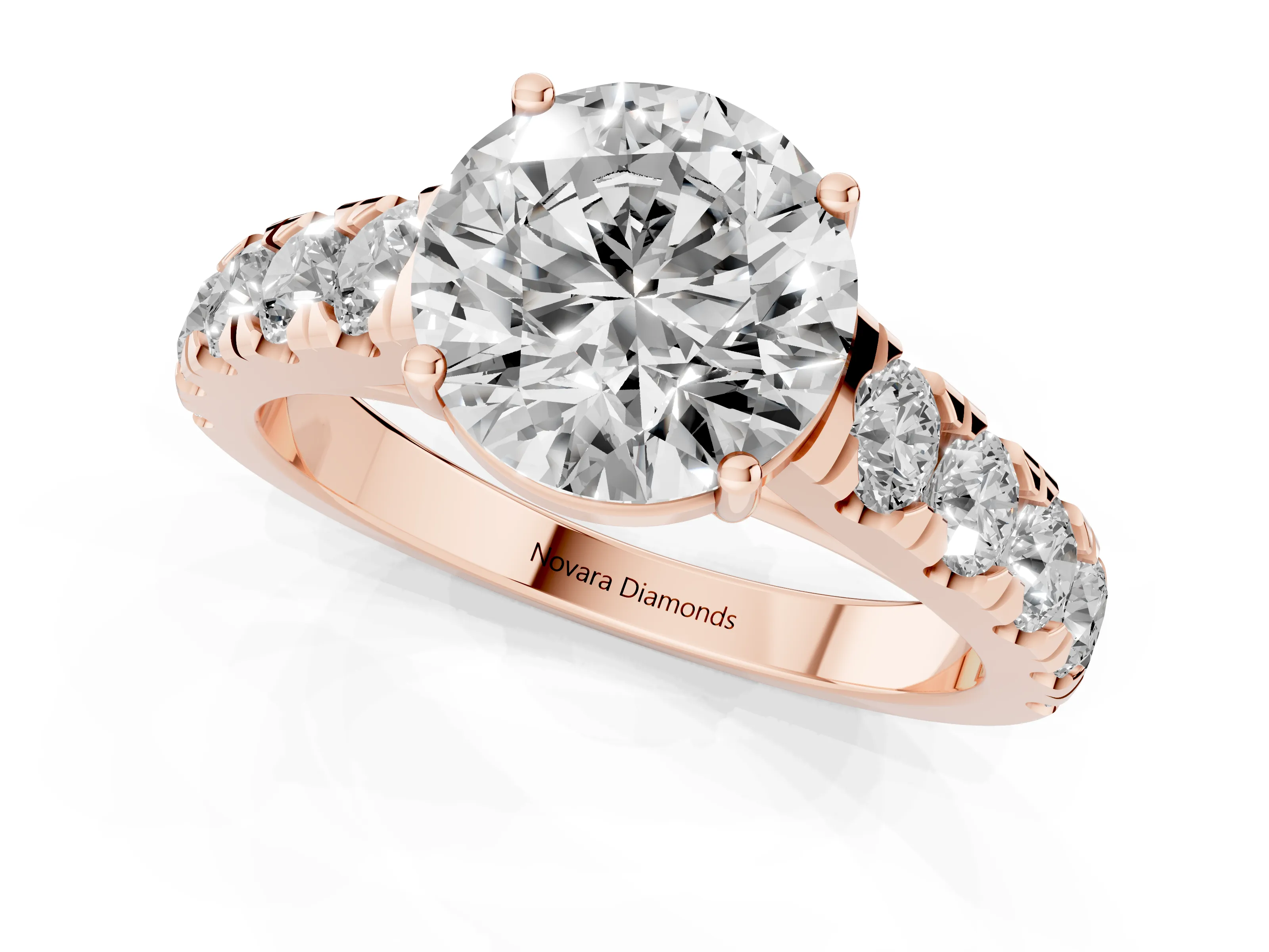 Round Cut Diamond Solitaire Ring Set in Rose gold with Cut-Down Micro Pavé Band and Prong Setting