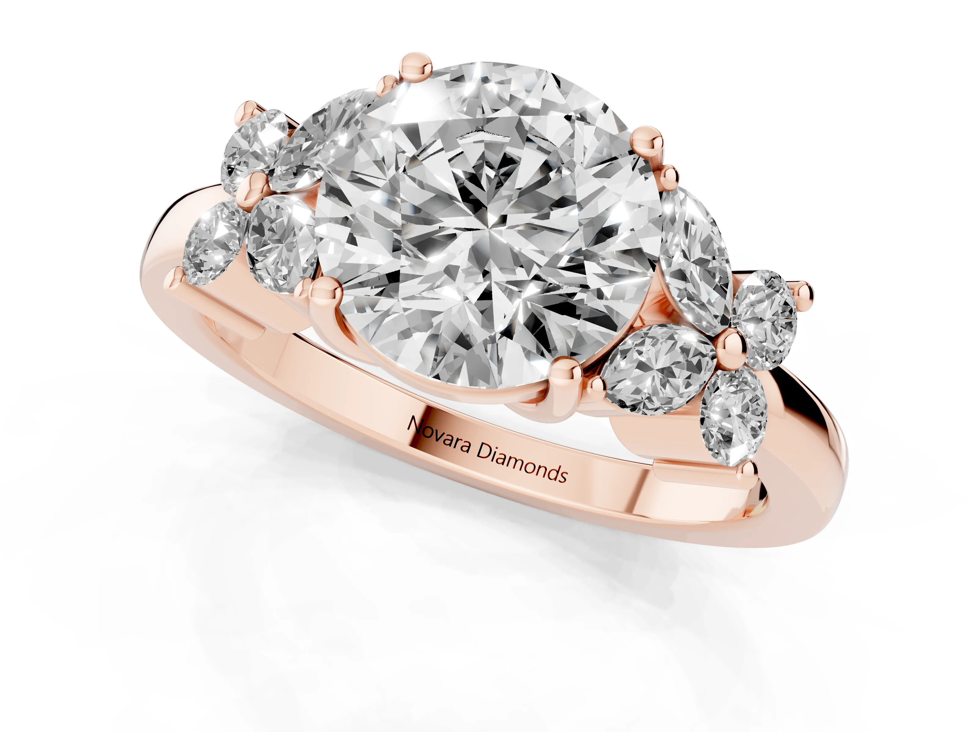 Round Cut Diamond Floral Cluster Ring Set in Rose gold with Marquise Petals and Prong Setting – second view
