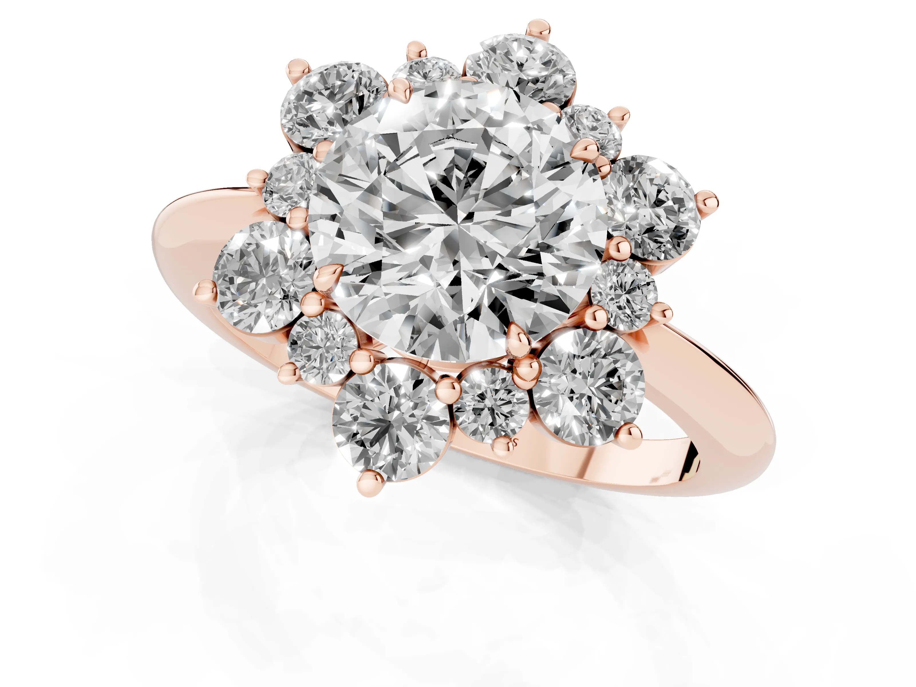 Round Cut Diamond Cluster Halo Ring Set in Rose gold with Solitaire Band and Prong Setting – second view