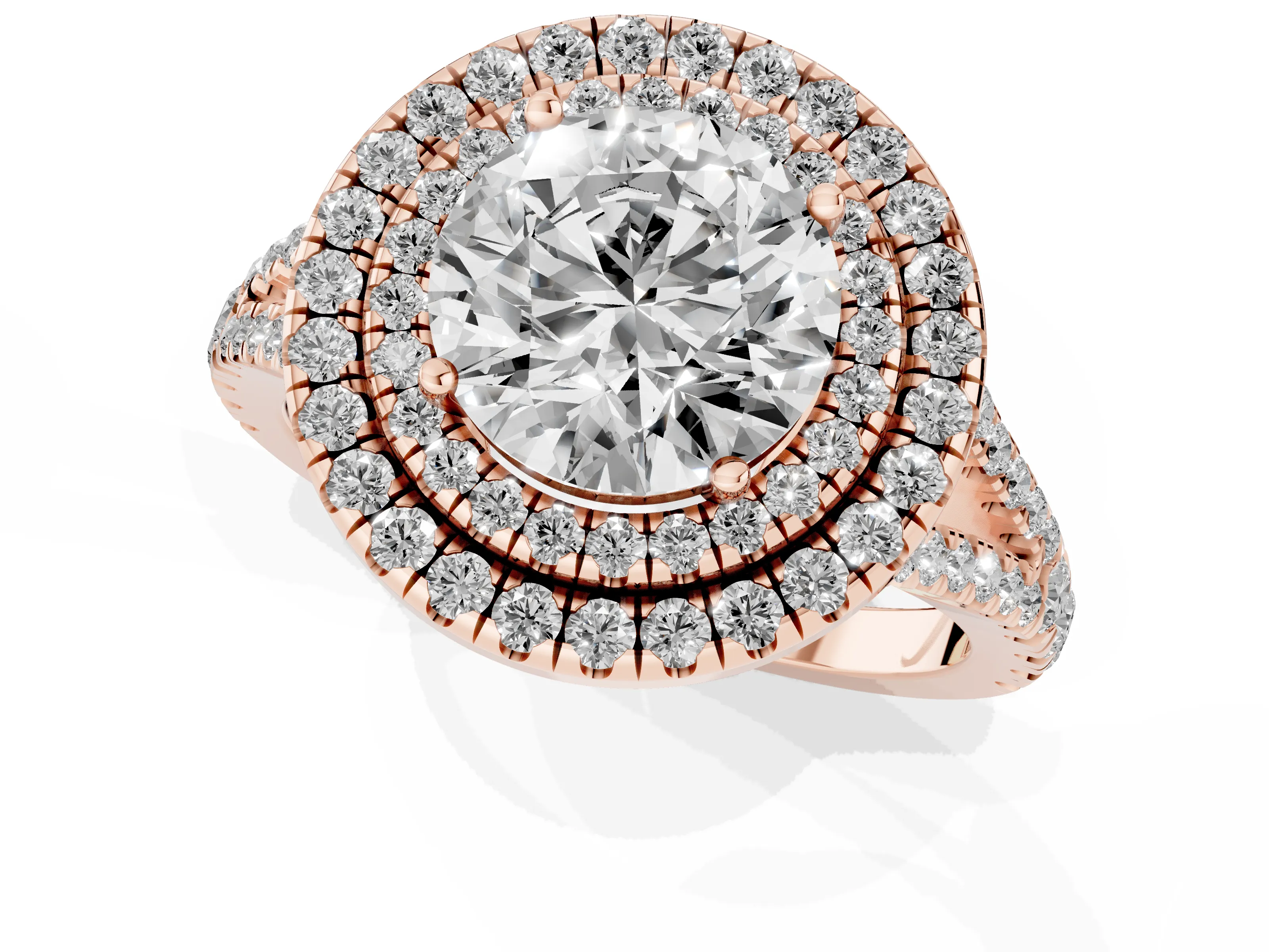 Round Cut Diamond Double Halo Ring Set in Rose gold with Pavé Band