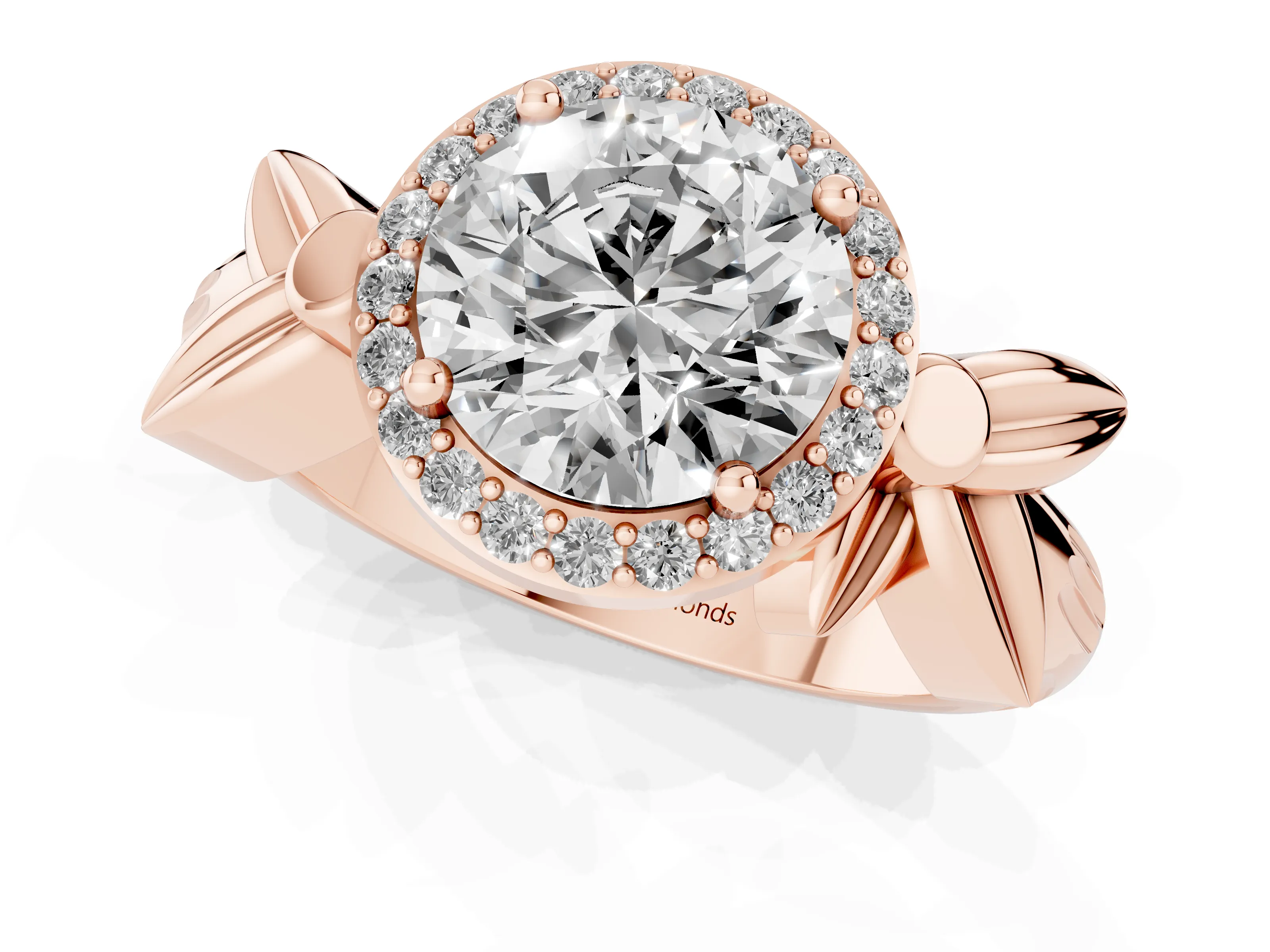 Round Cut Diamond Halo Floral Band Ring Set in Rose gold with Prong Setting – second view