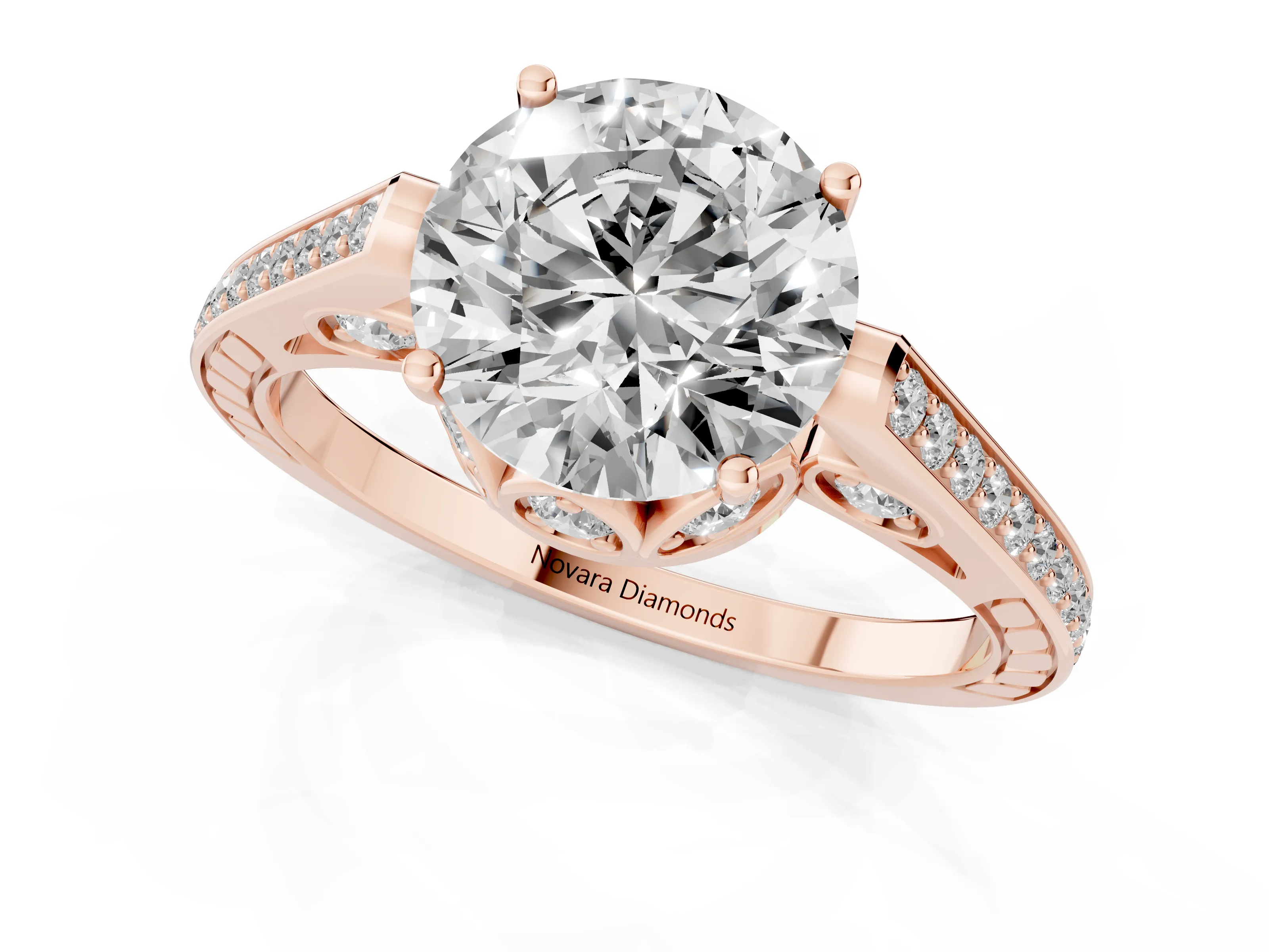 Round Cut Diamond Cathedral Pavé Engagement Ring Set in Rose gold with Prong Setting