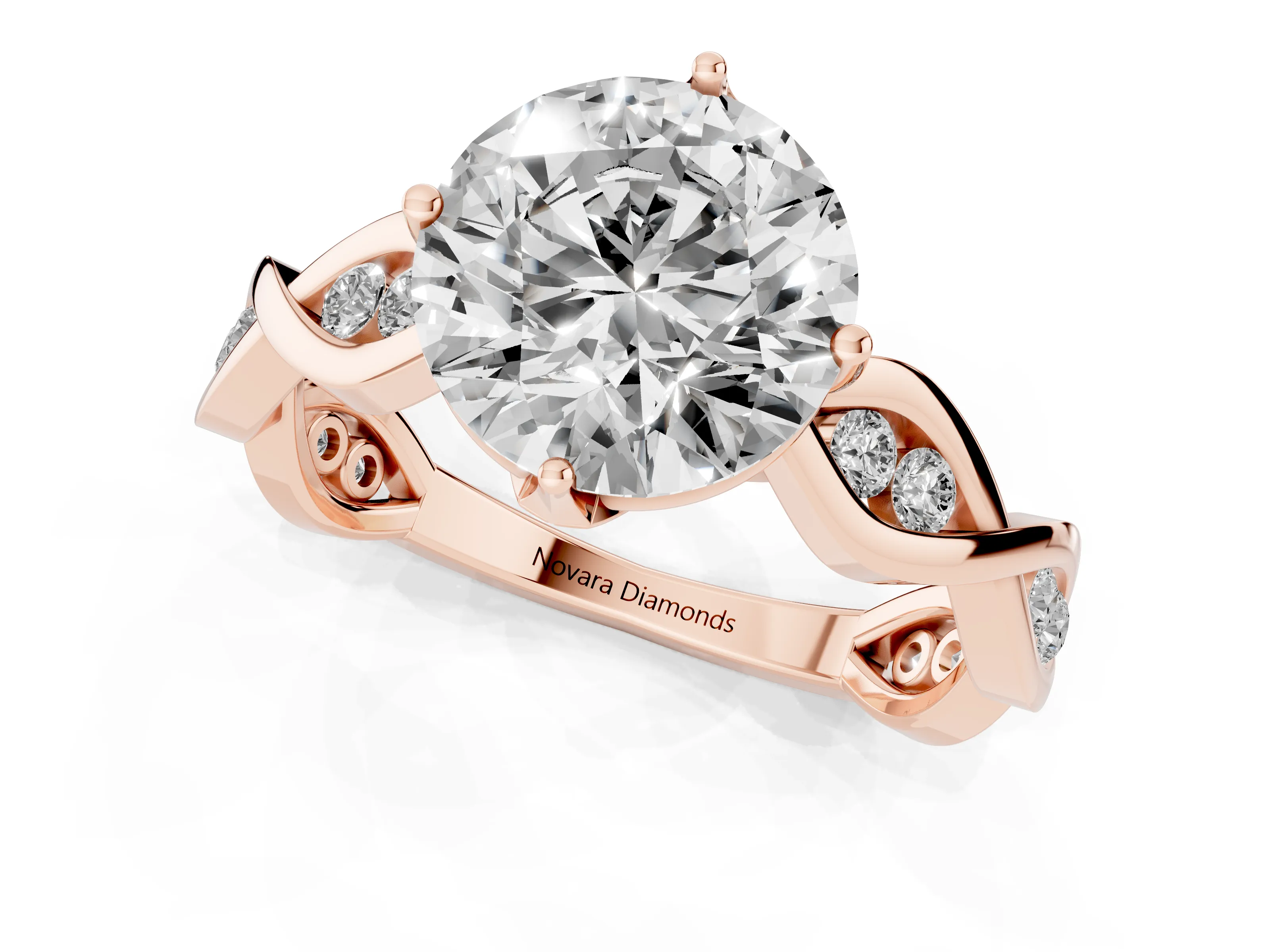 Round Cut Diamond Twist Band Solitaire Ring Set in Rose gold with Leaf Prong Setting and Accent Stones