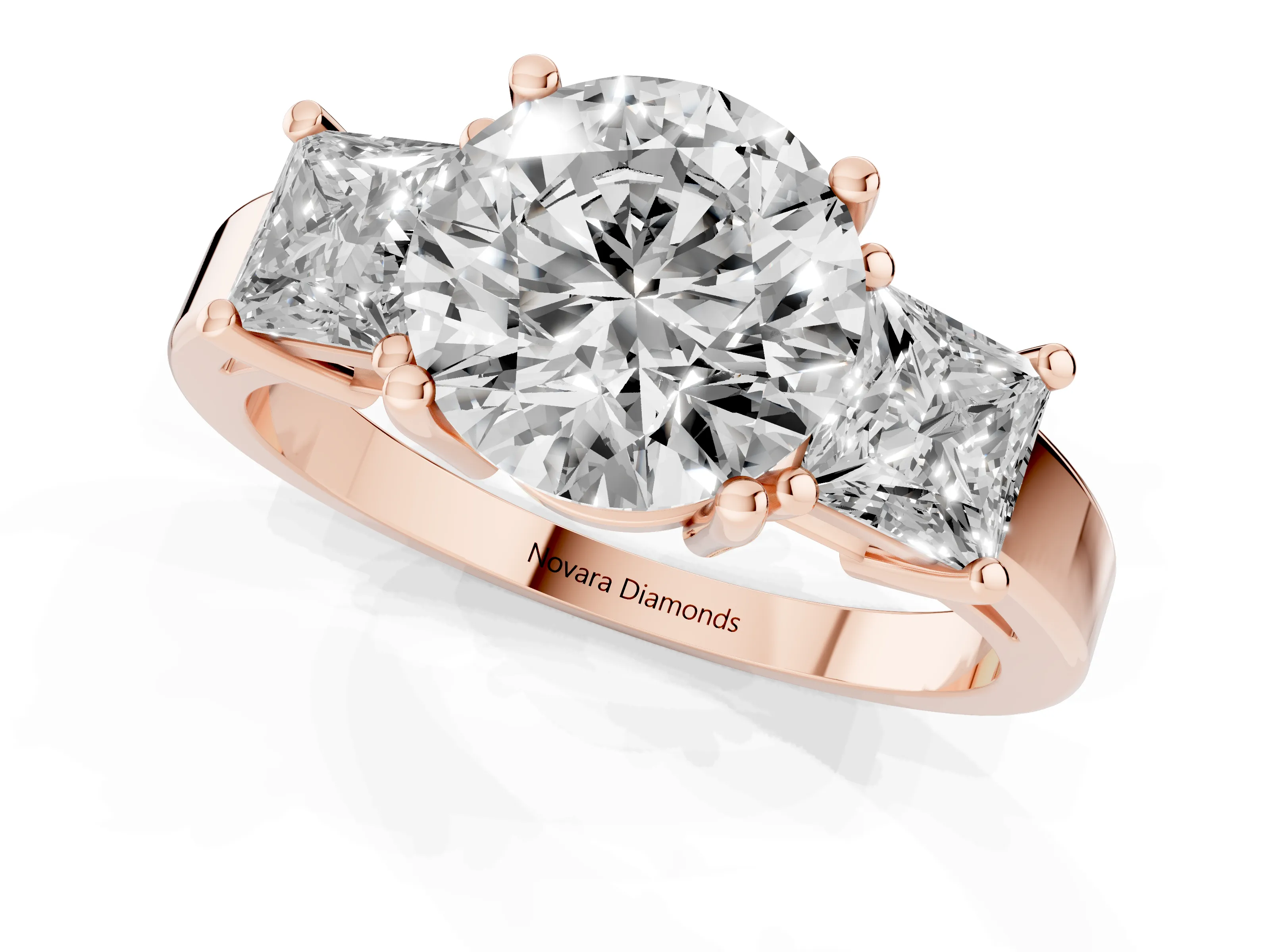 Three-Stone Round Cut Diamond Solitaire Ring Set in Rose gold with Prong Setting