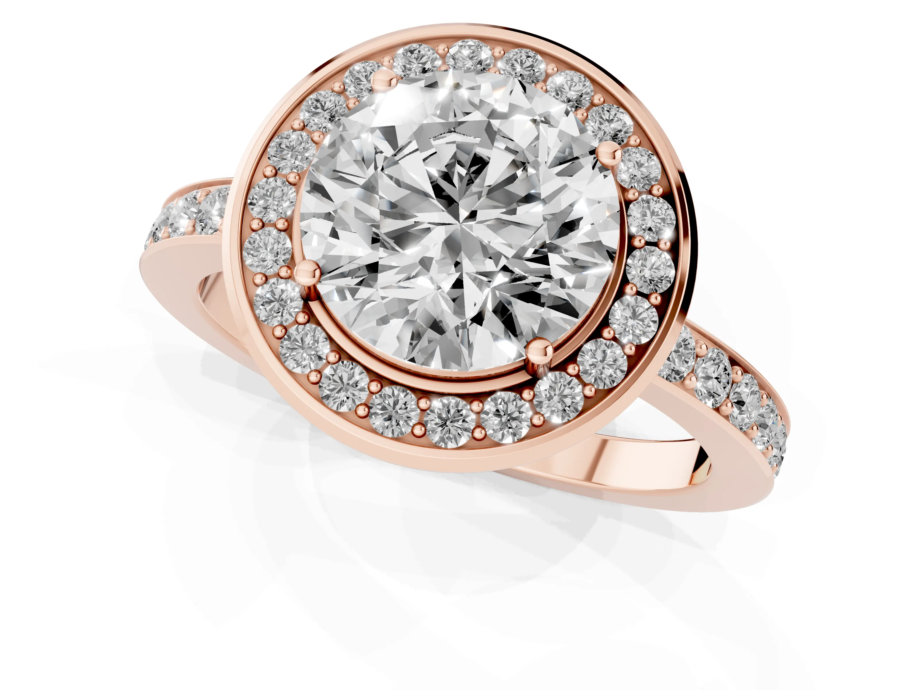 Round Cut Diamond Halo Ring Set in Rose gold with Bezel Frame and Pavé Band