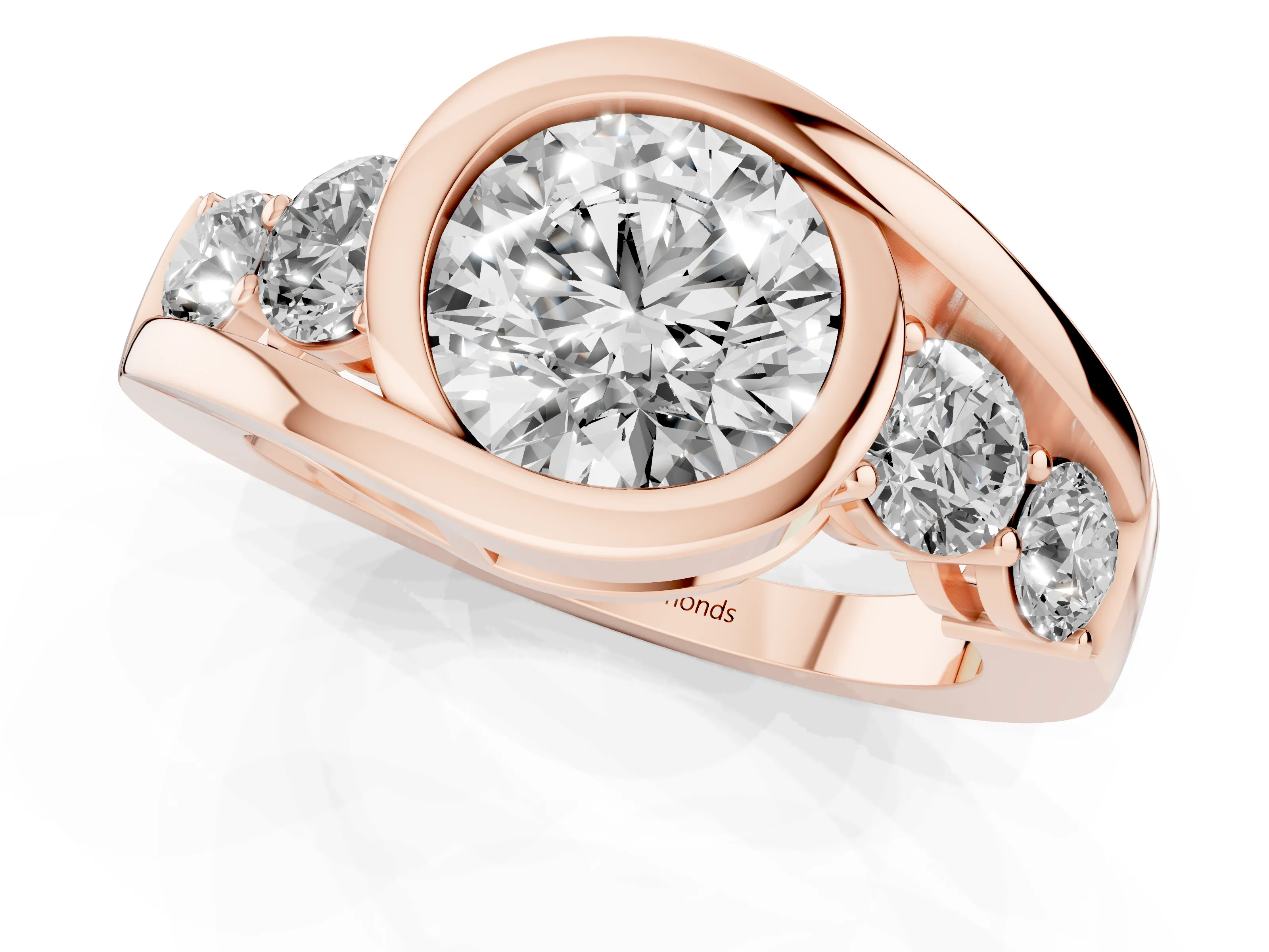 Round Cut Diamond Bezel Bypass Ring Set in Rose gold with Round Accents