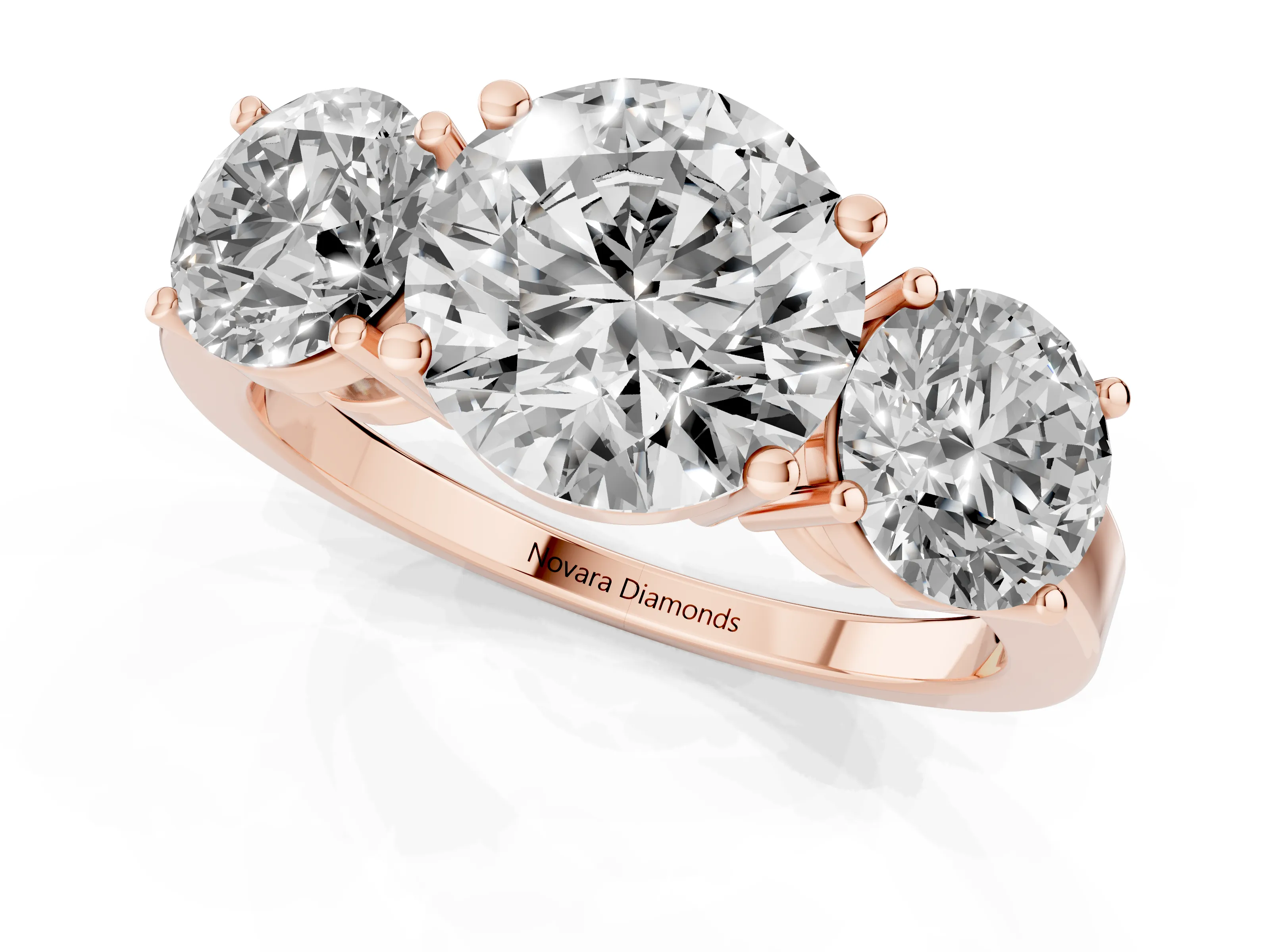 Round Cut Diamond Three-Stone Engagement Ring Set in Rose gold with Flat Band