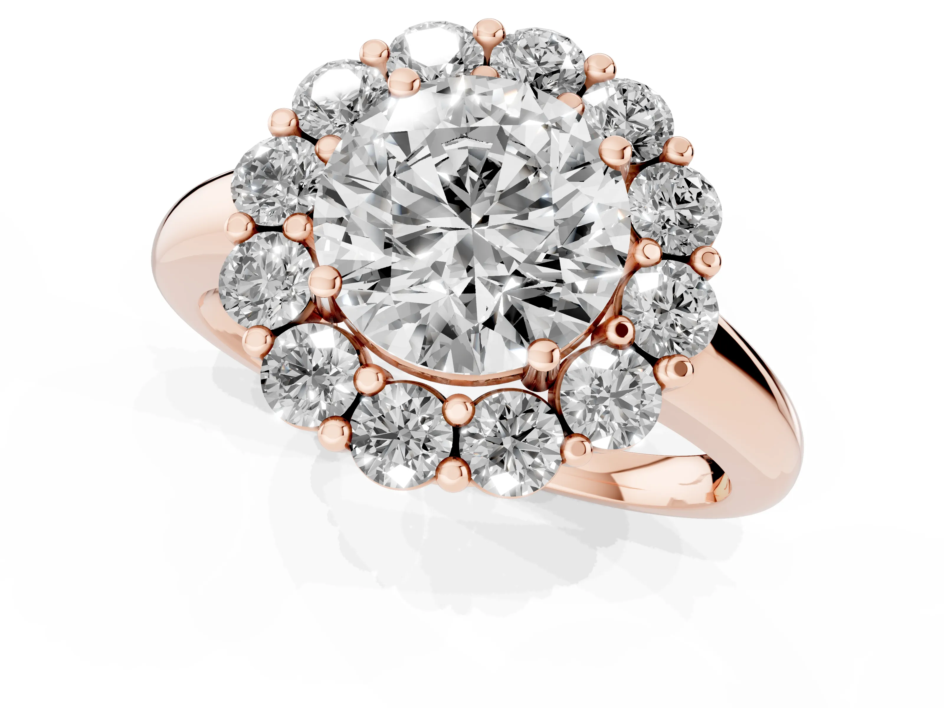 Round Cut Diamond Halo Cluster Engagement Ring Set in Rose gold with Polished Band and Prong Setting