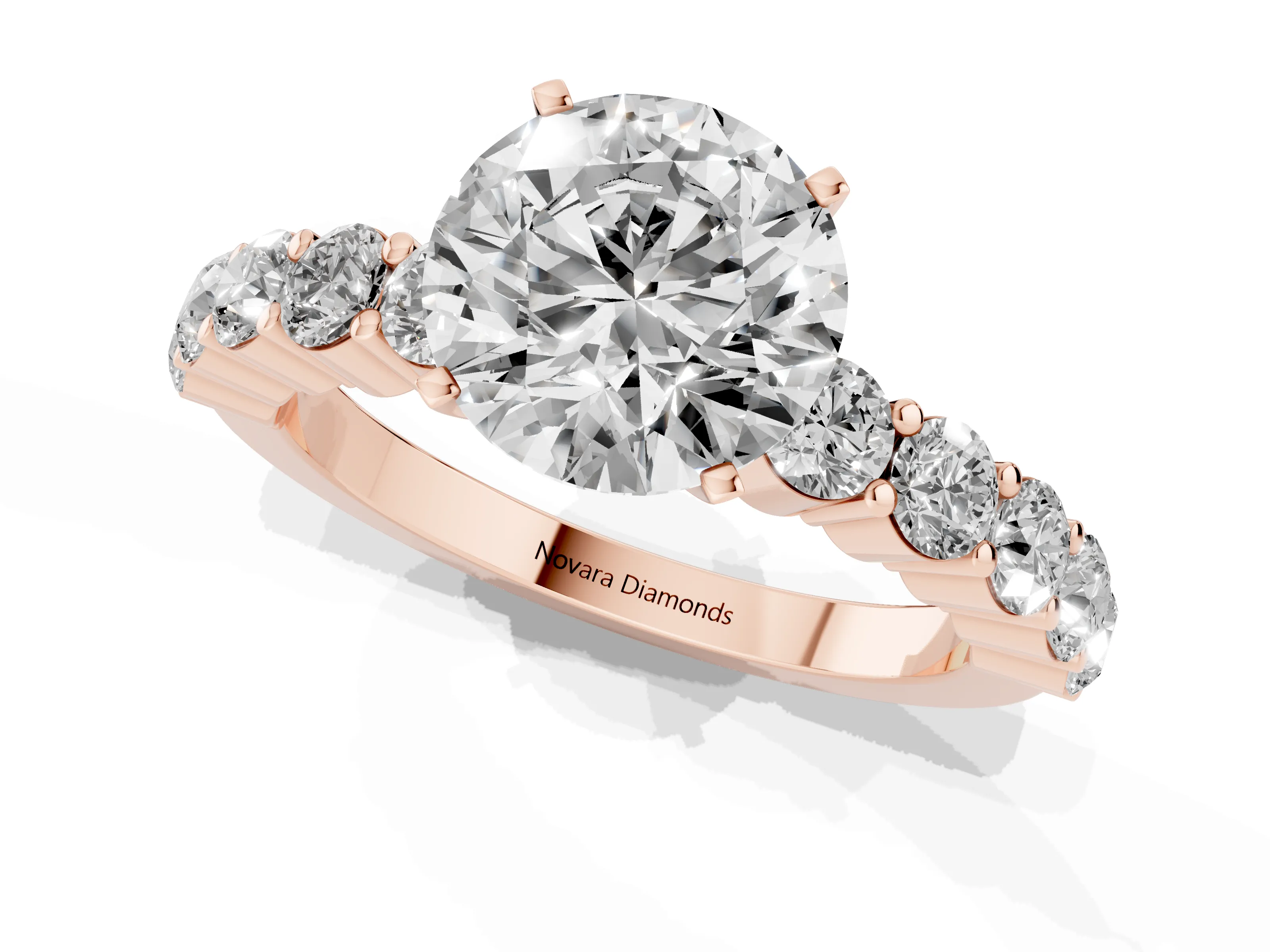Round Cut Diamond Solitaire Ring Set in Rose gold with Shared Prong Round Side Stones