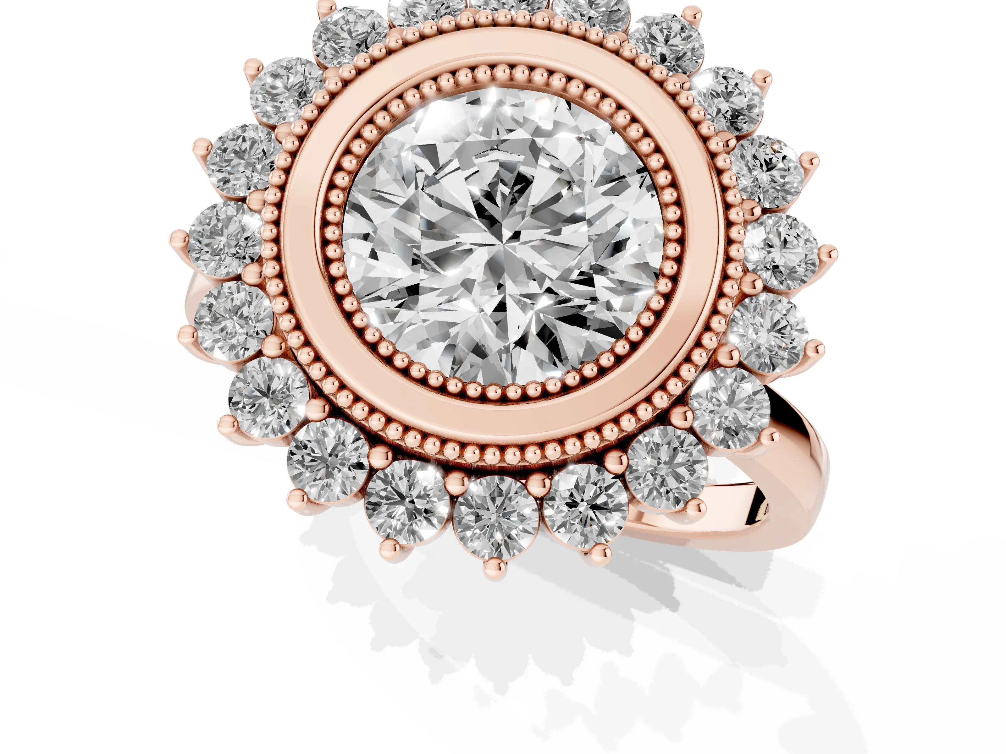 Round Cut Diamond Halo Ring Set in Rose gold with Milgrain Edge and Round Prong Setting