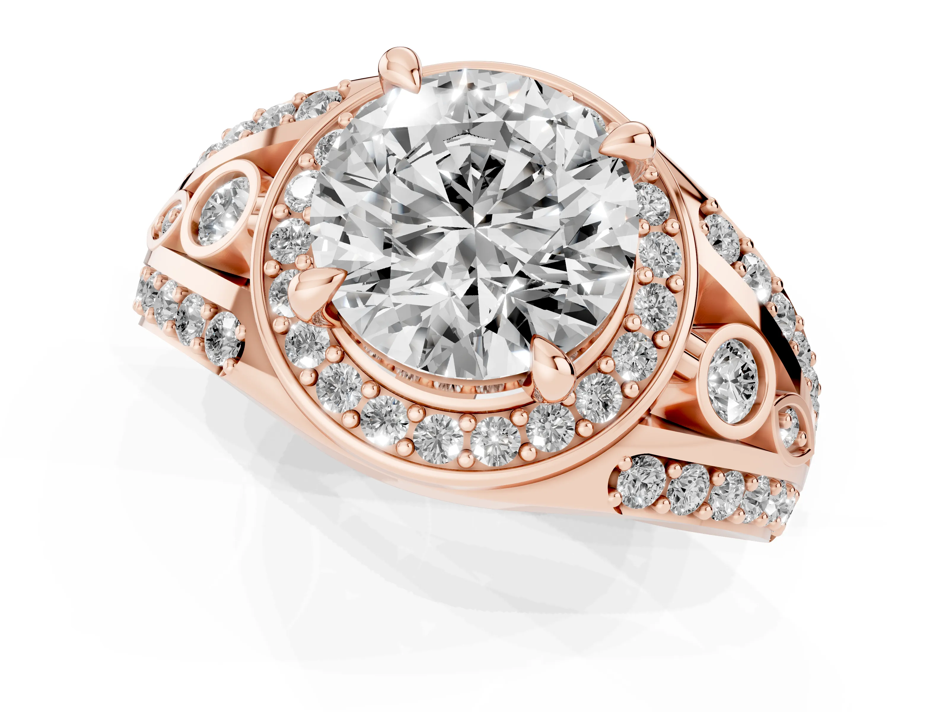 Round Cut Diamond Halo Ring Set in Rose gold with Pavé Split Shank and Bezel Accents