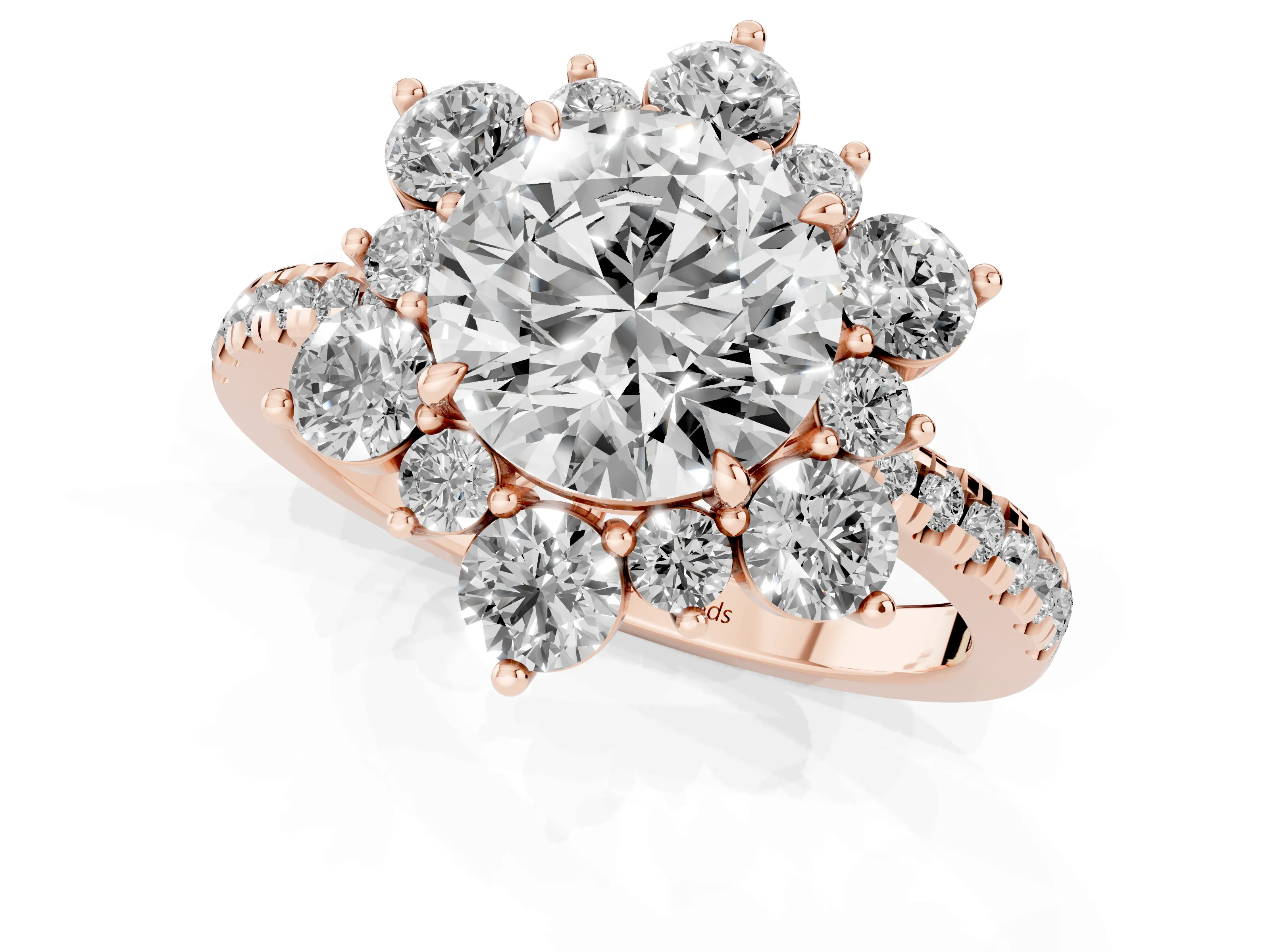 Round Cut Diamond Floral Halo Ring Set in Rose gold with Round Pavé Band and Prong Setting